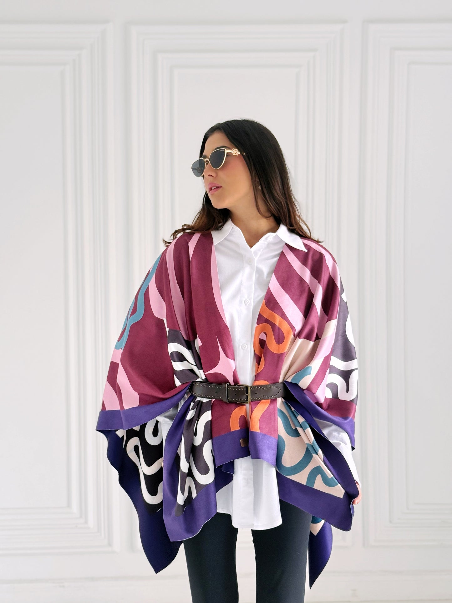 Wave suede cape with belt