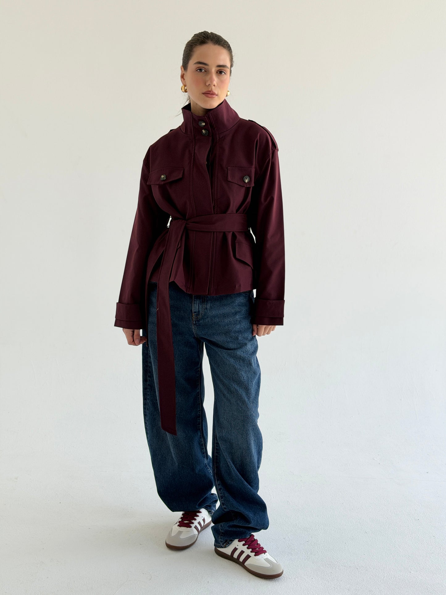 Stand Collar Jacket In burgundy
