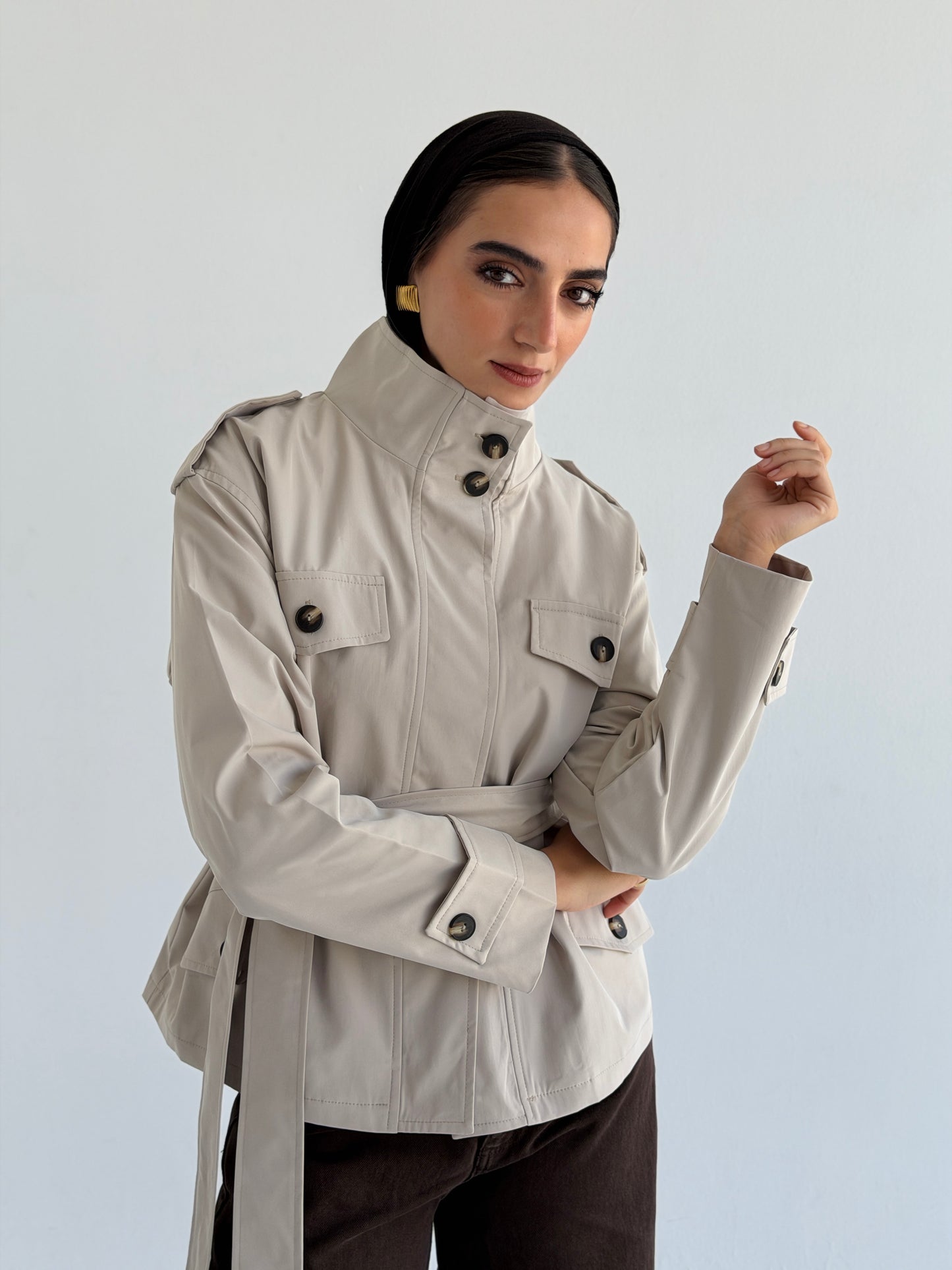 Stand Collar Jacket In Beige