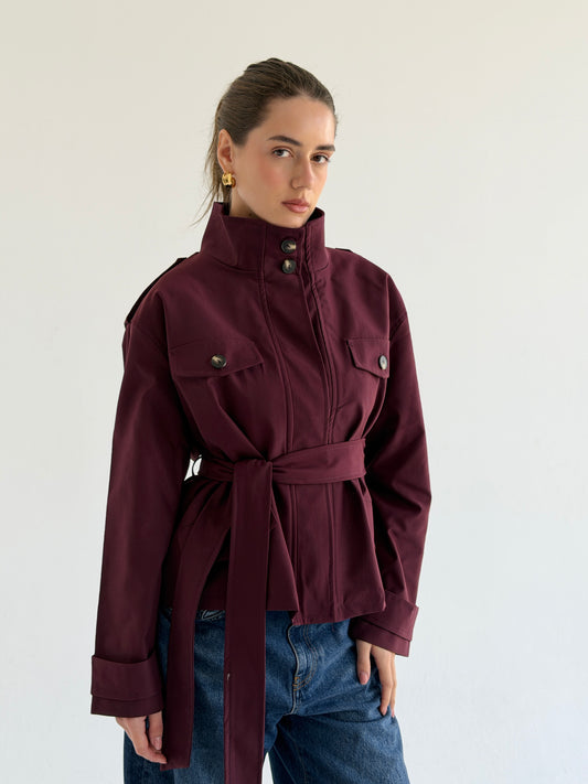 Stand Collar Jacket In burgundy