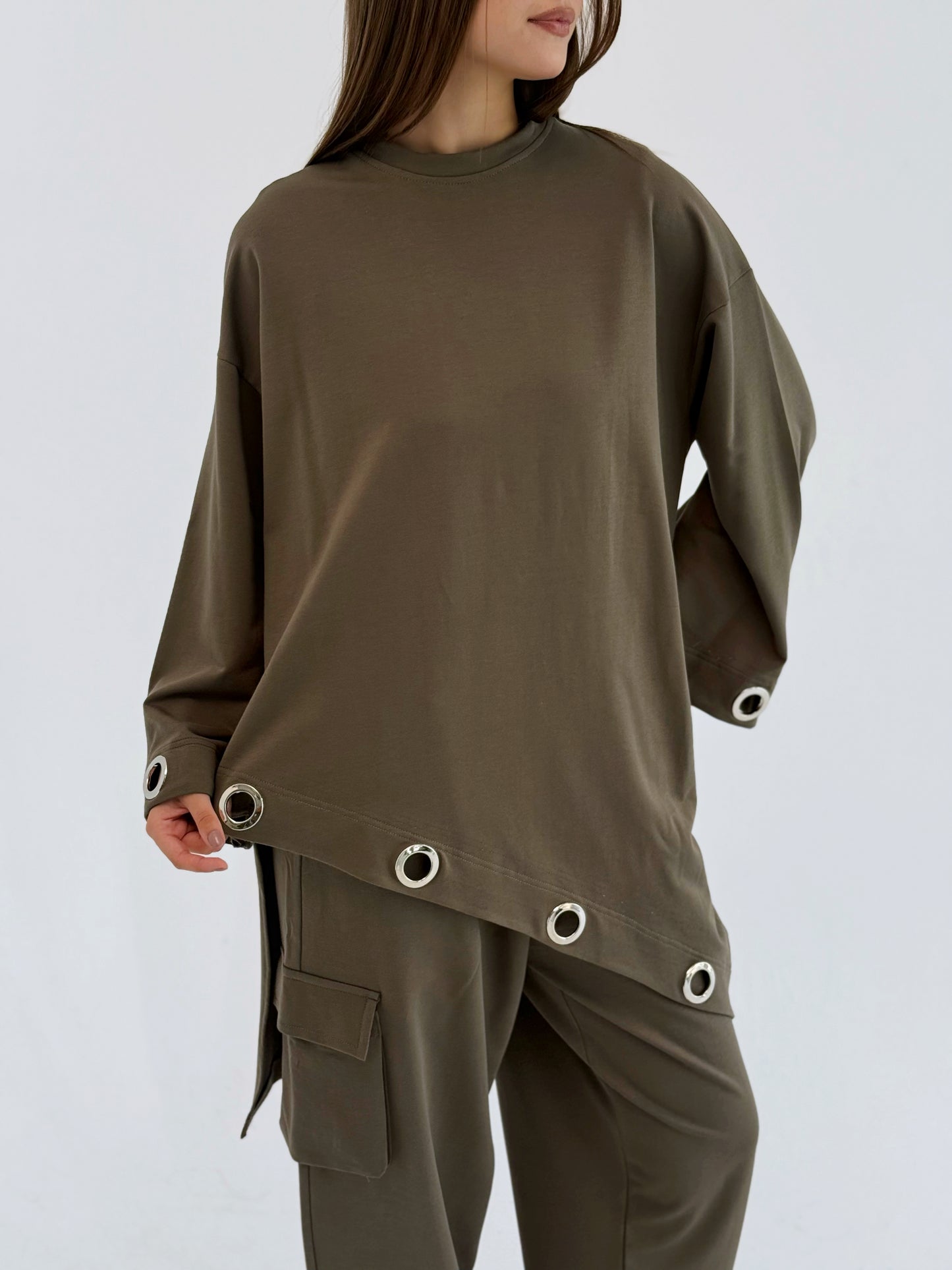 Eyelets Cotton Set In Brown