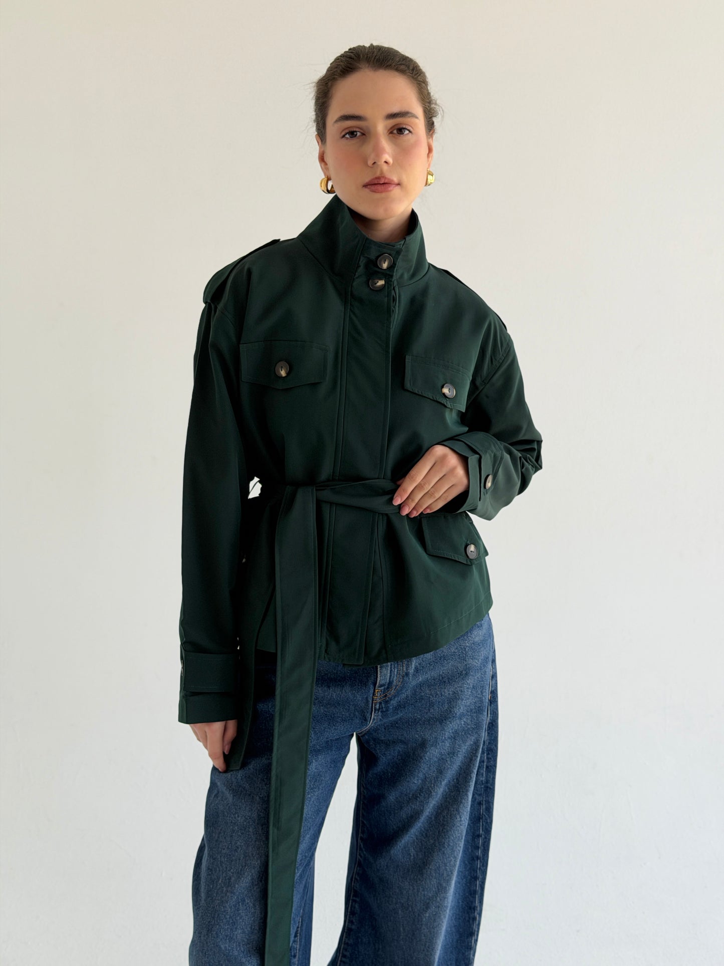 Stand Collar Jacket In Forest Green