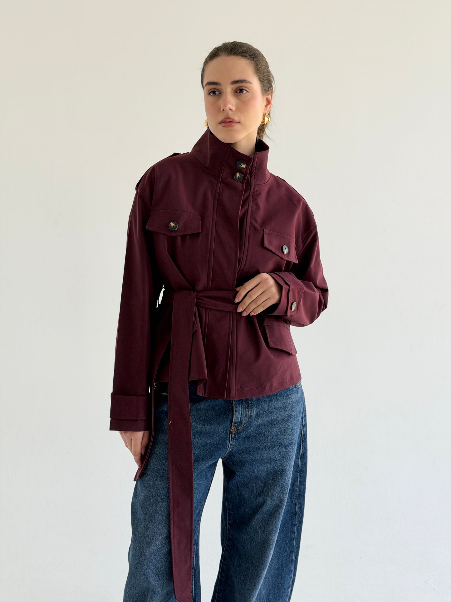Stand Collar Jacket In burgundy