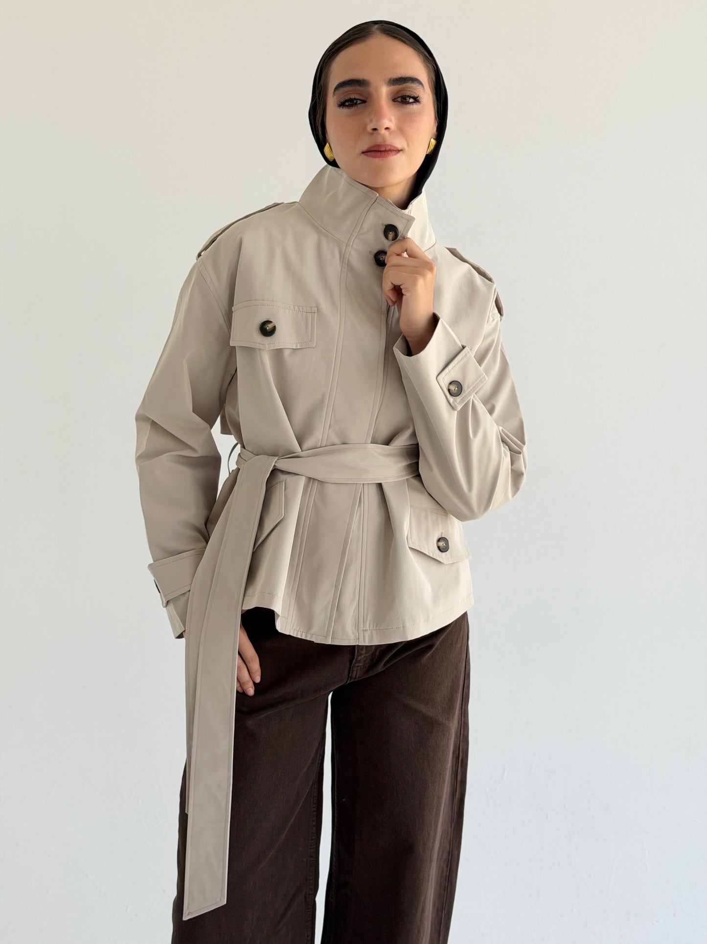Stand Collar Jacket In Beige
