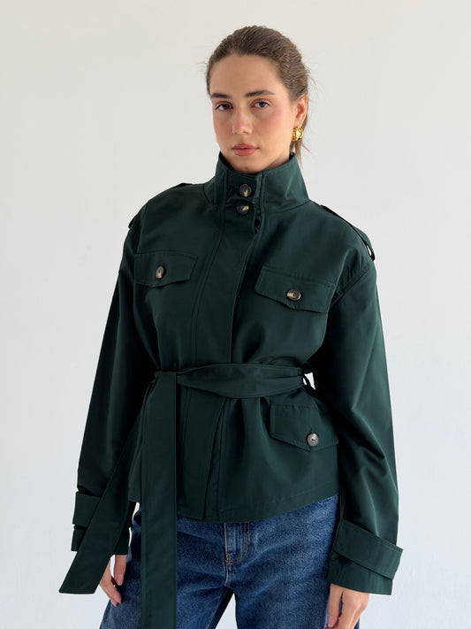 Stand Collar Jacket In Forest Green