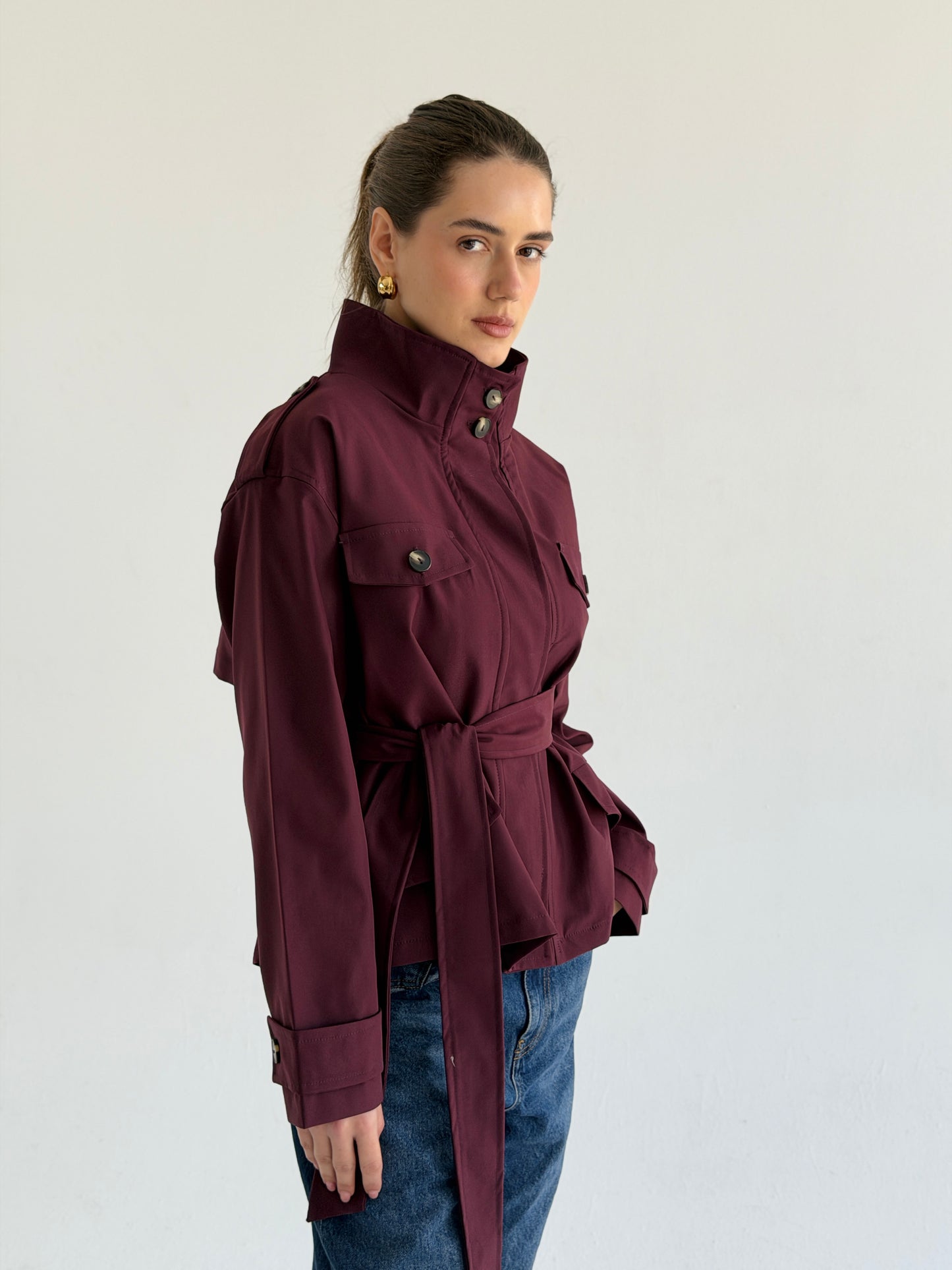 Stand Collar Jacket In burgundy