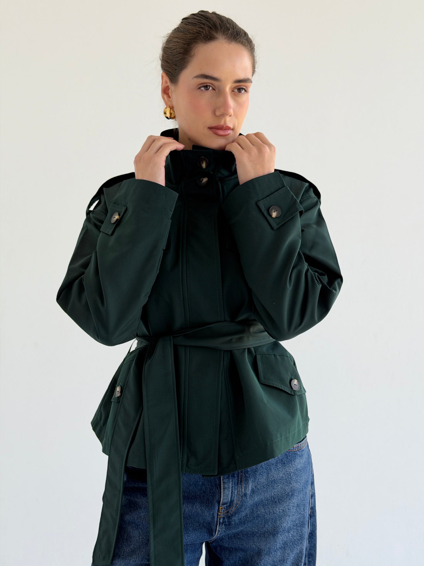 Stand Collar Jacket In Forest Green
