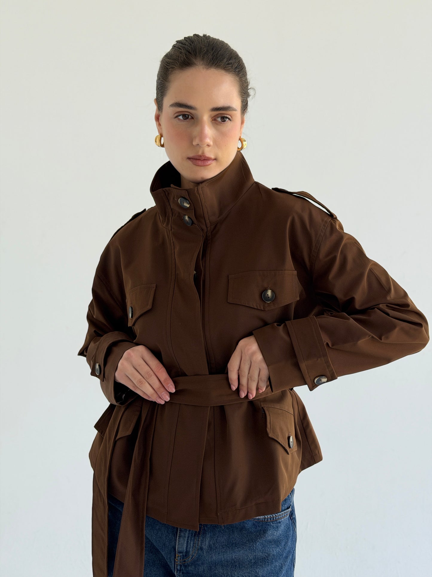Stand Collar Jacket In Brown