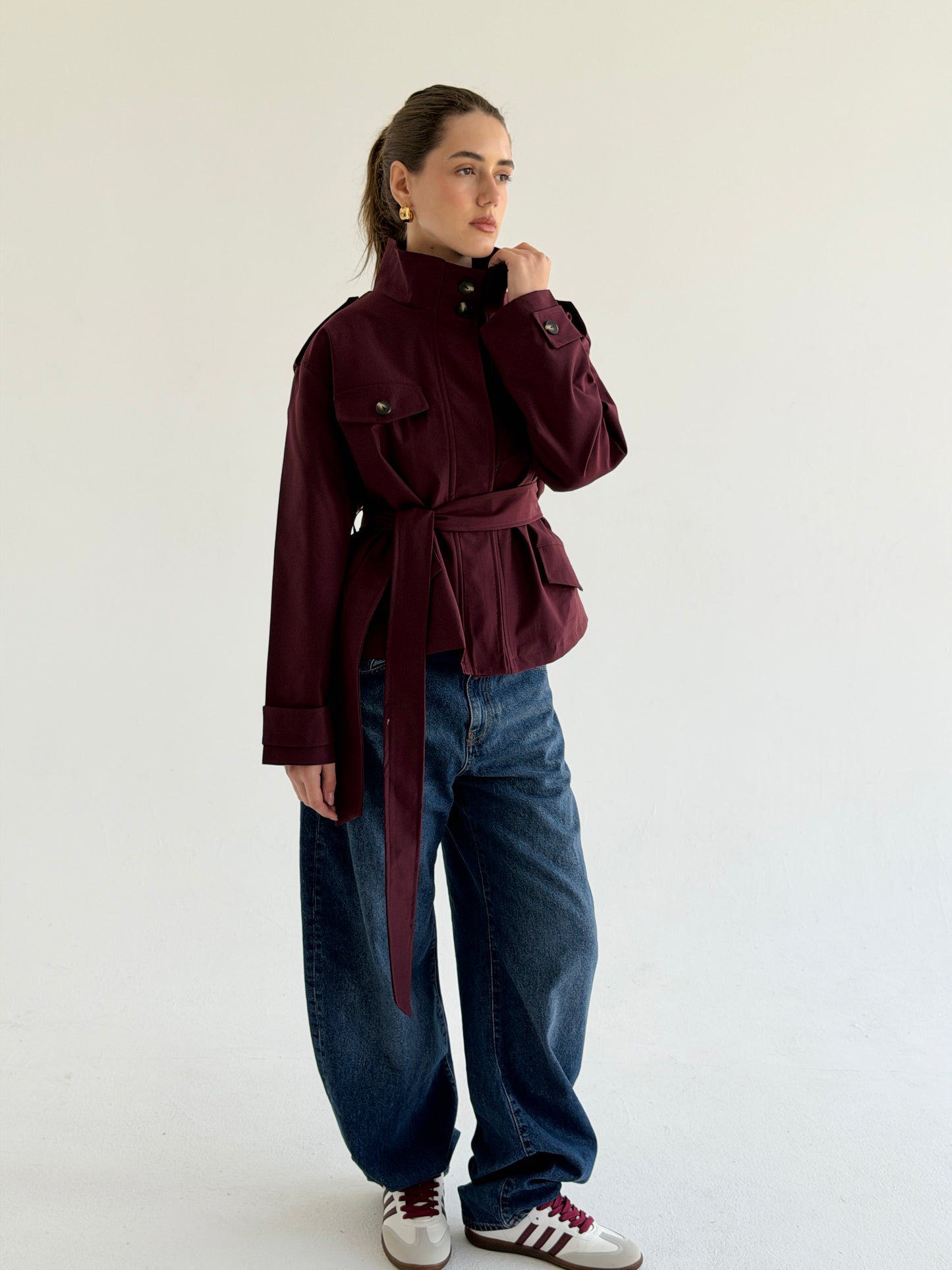 Stand Collar Jacket In burgundy