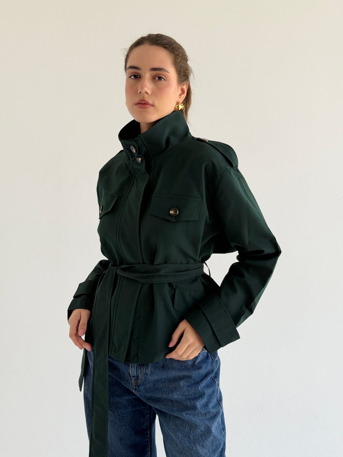 Stand Collar Jacket In Forest Green