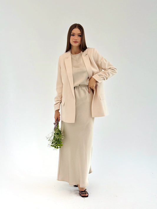 Satin Sleeveless Top & A-Line Skirt Set in beige