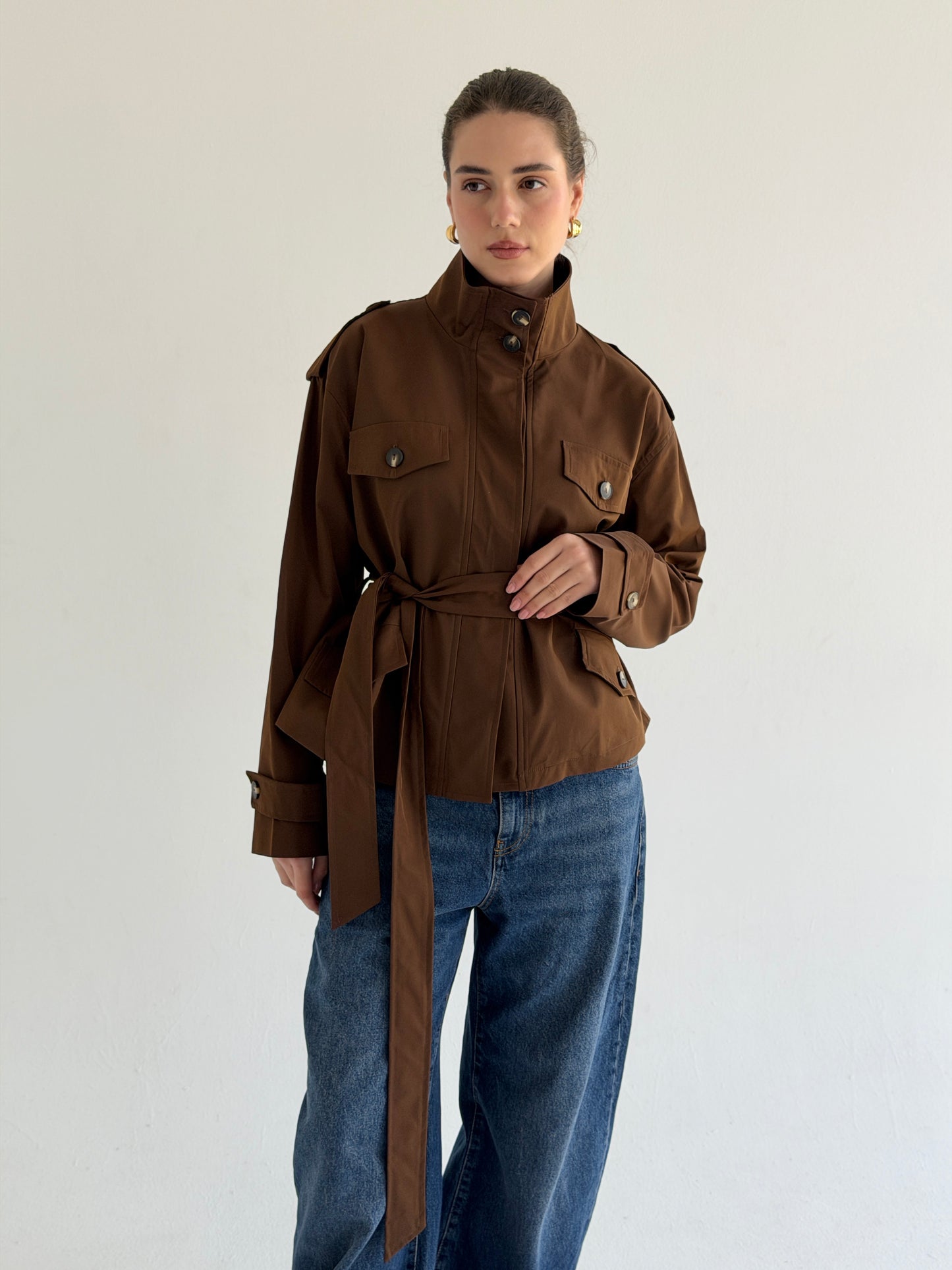 Stand Collar Jacket In Brown