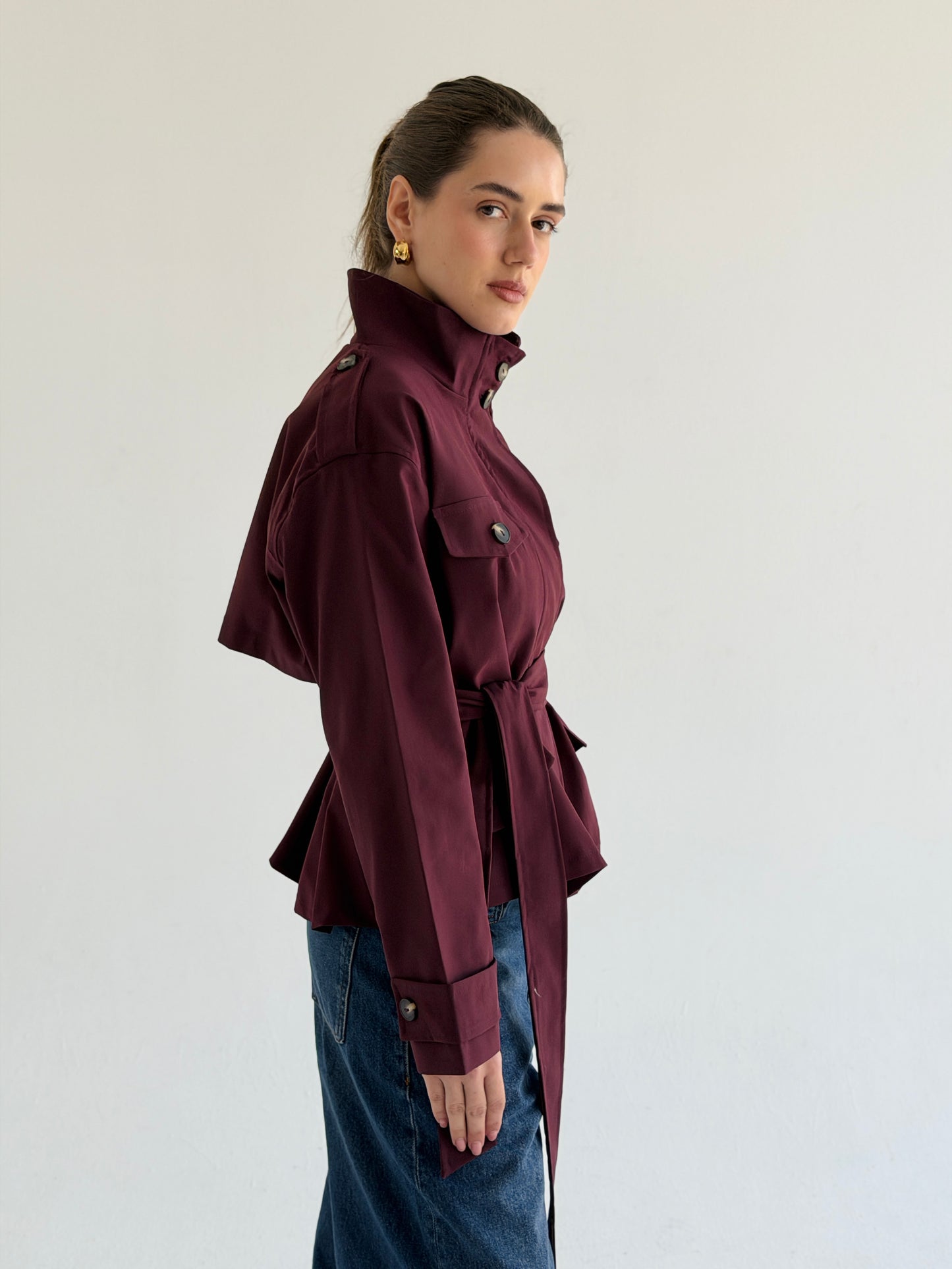 Stand Collar Jacket In burgundy