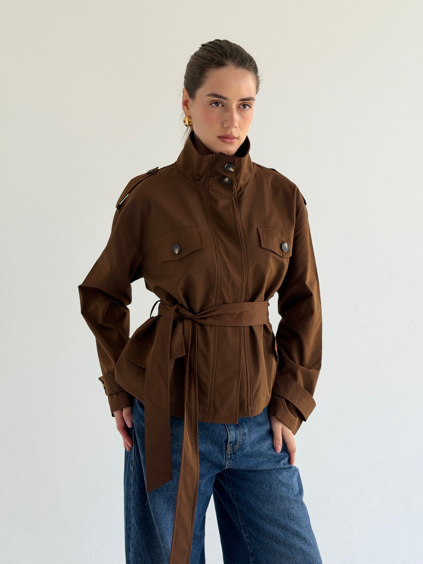 Stand Collar Jacket In Brown
