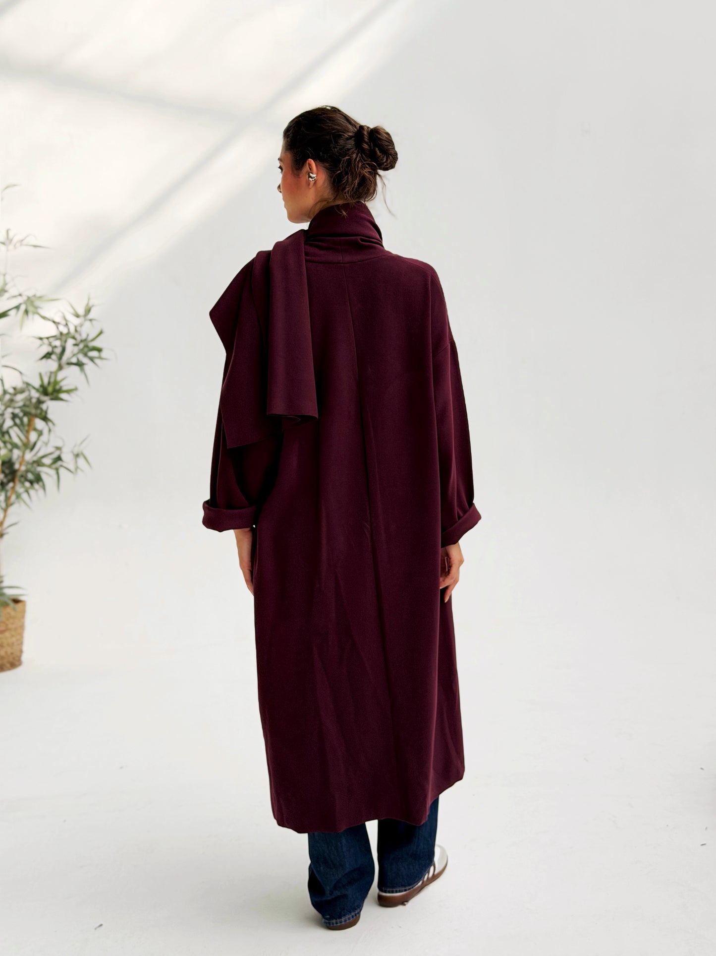 Oversize Wool Cardigan with Scarf In Burgundy