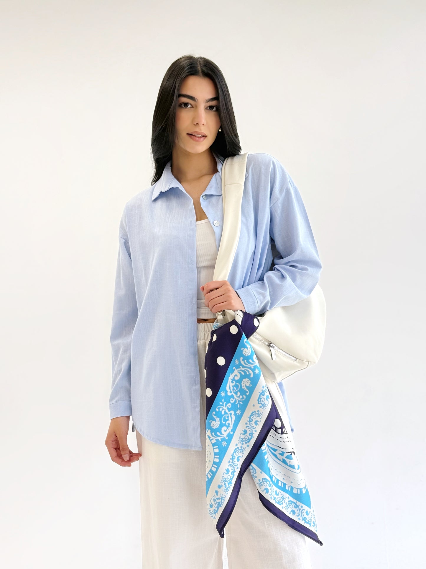 Linen Bow Back Shirt In baby blue