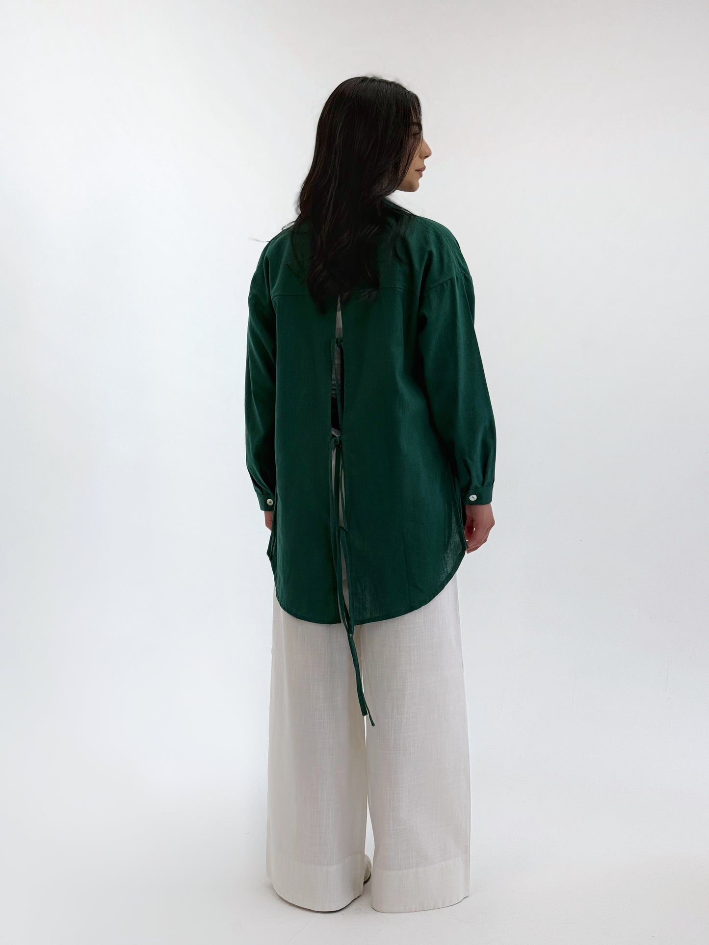 Linen Bow Back Shirt In Dark Green