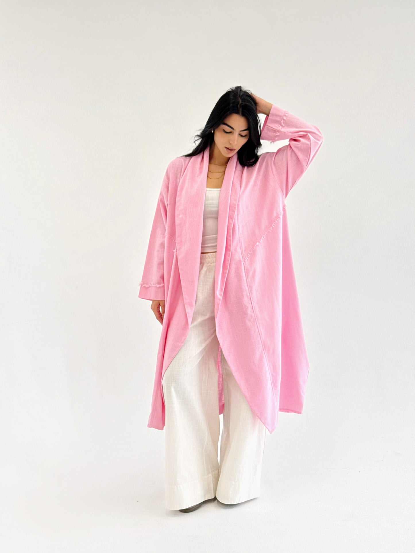 Raw-Edge Linen Cardigan in pink