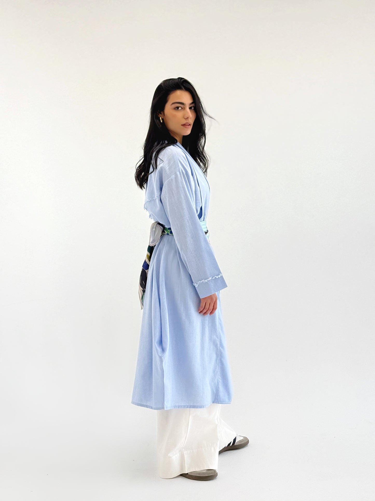 Raw-Edge Linen Cardigan In baby blue