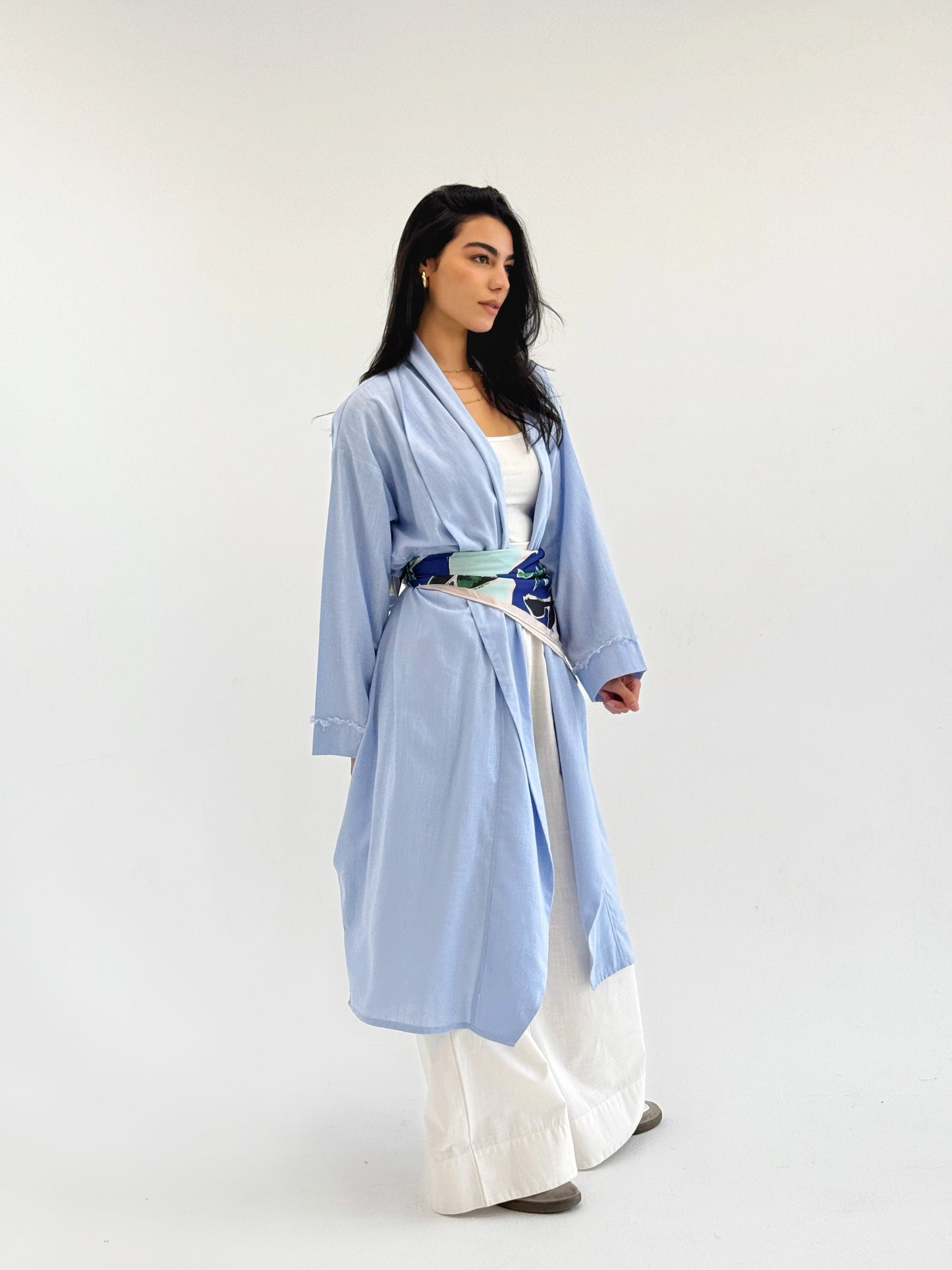 Raw-Edge Linen Cardigan In baby blue