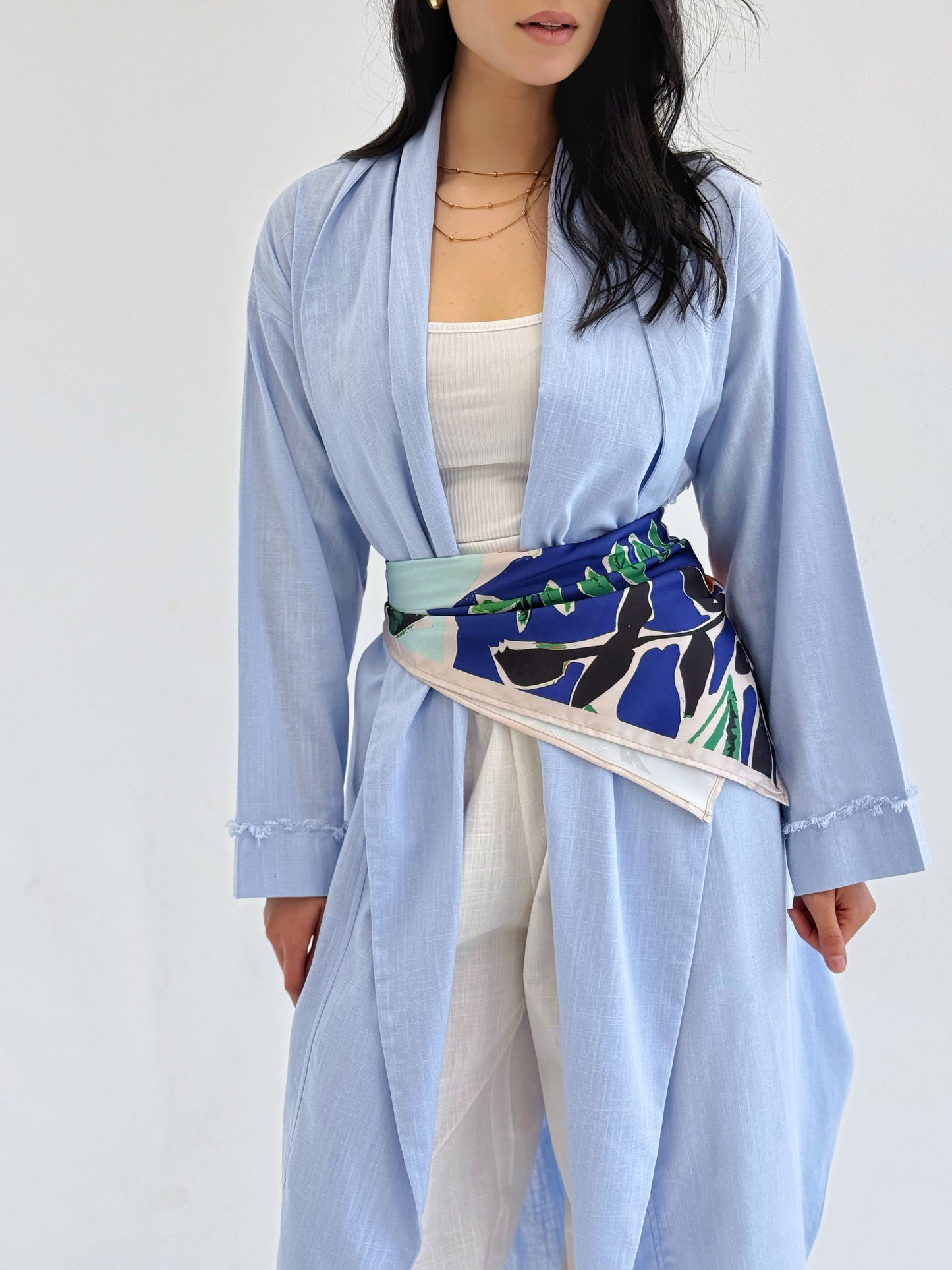 Raw-Edge Linen Cardigan In baby blue