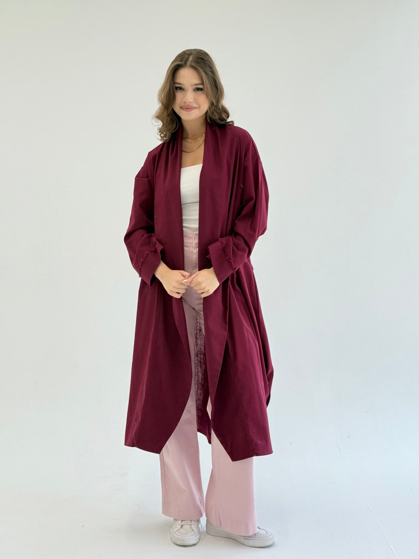 Raw-Edge Linen Cardigan In Burgundy
