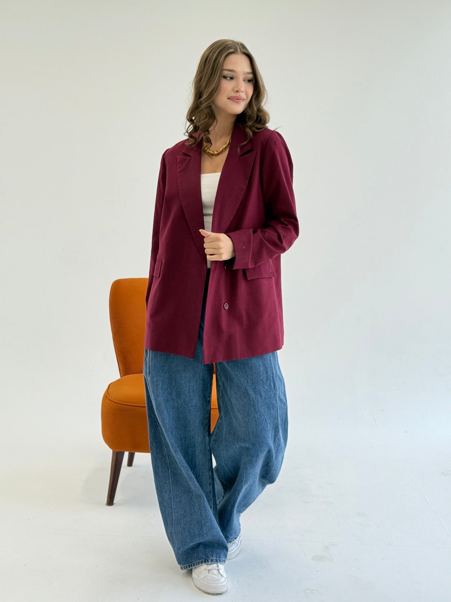 linen blazer in burgundy