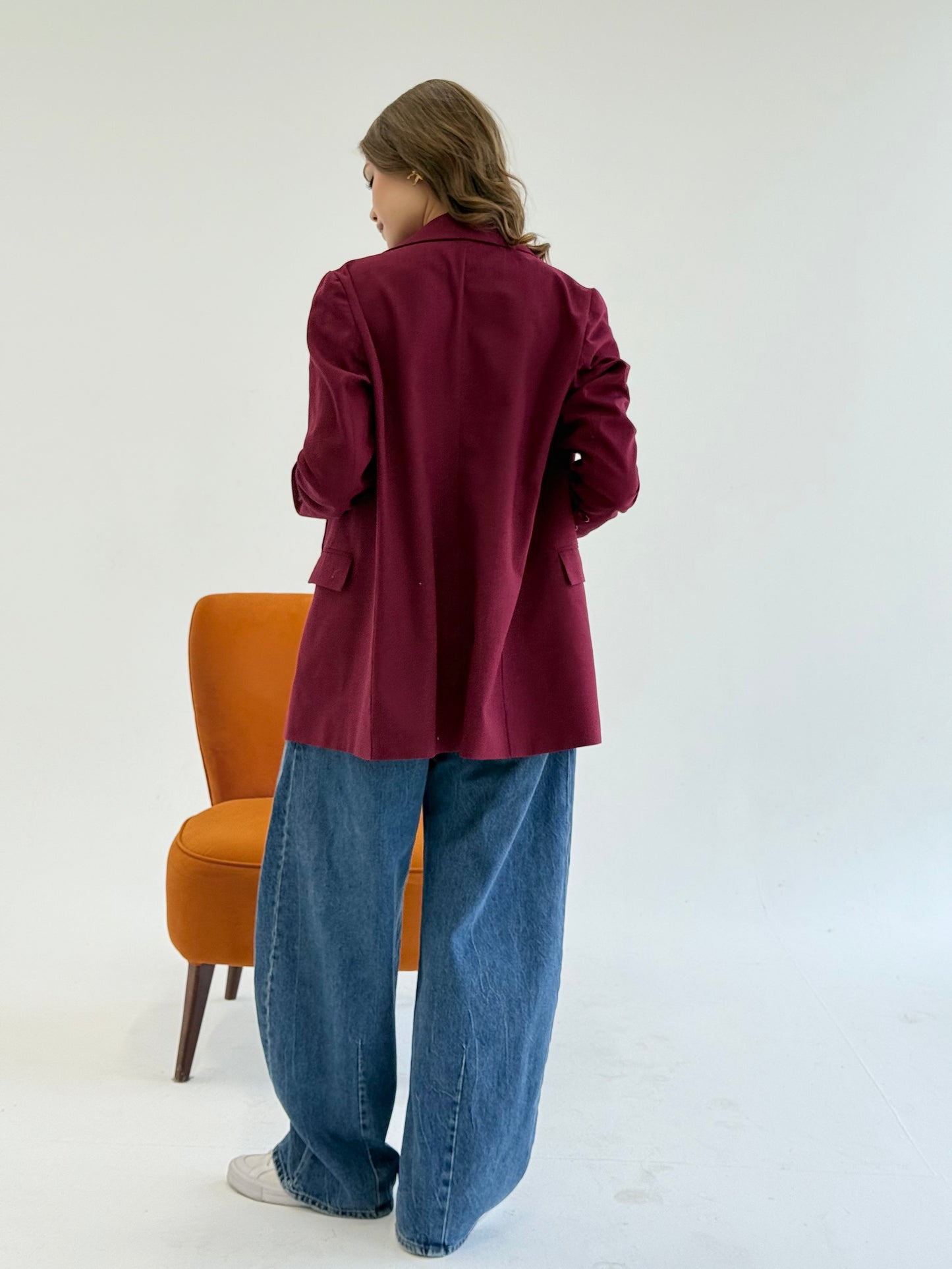 linen blazer in burgundy