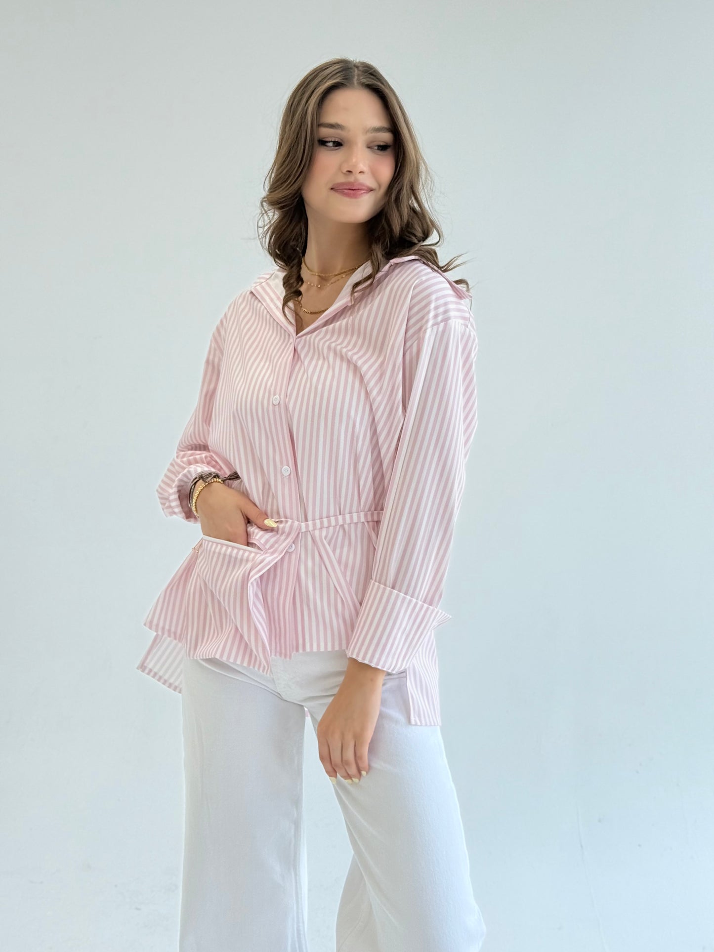 Striped pink shirt with pocket belt