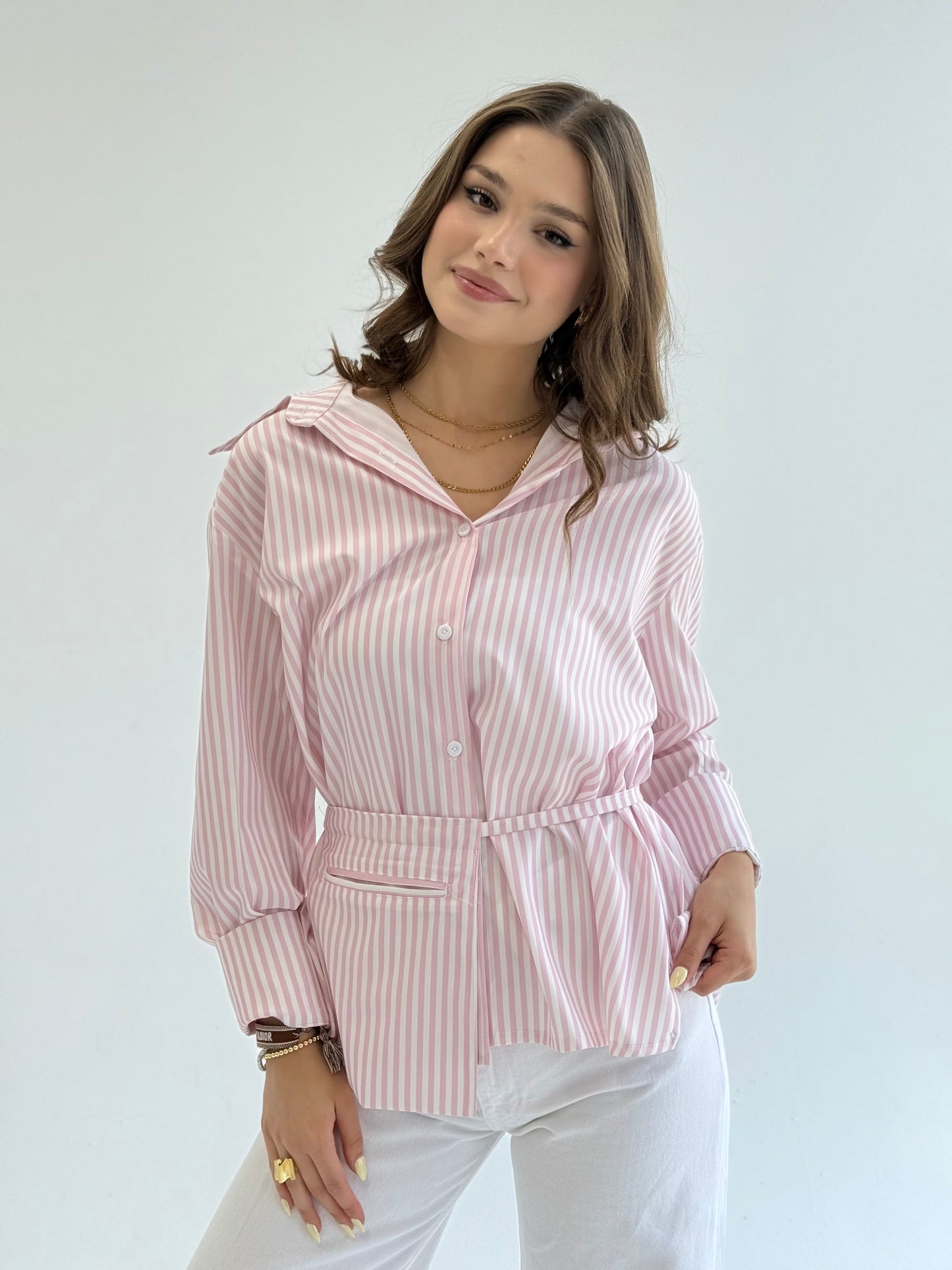 Striped pink shirt with pocket belt