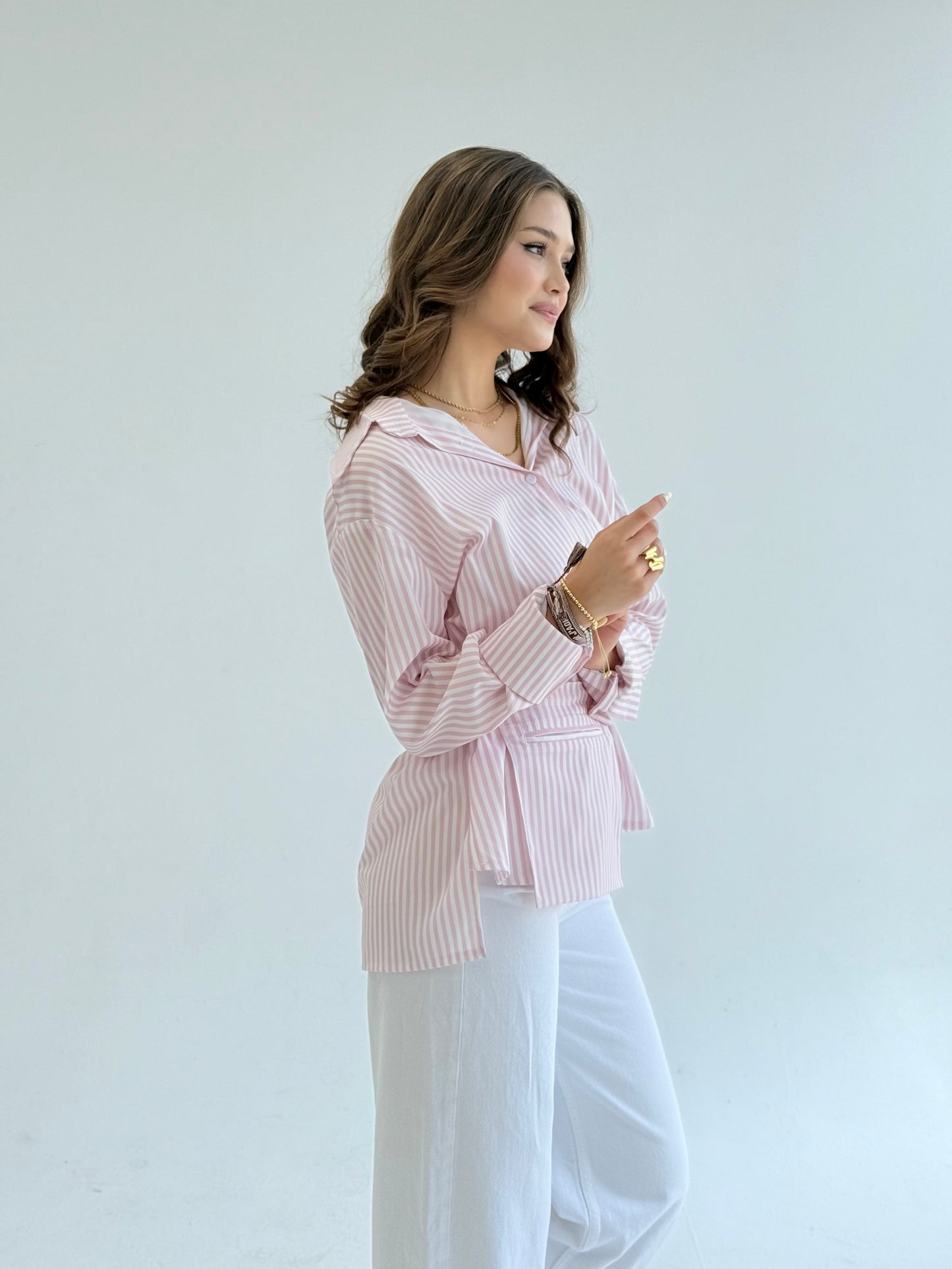Striped pink shirt with pocket belt
