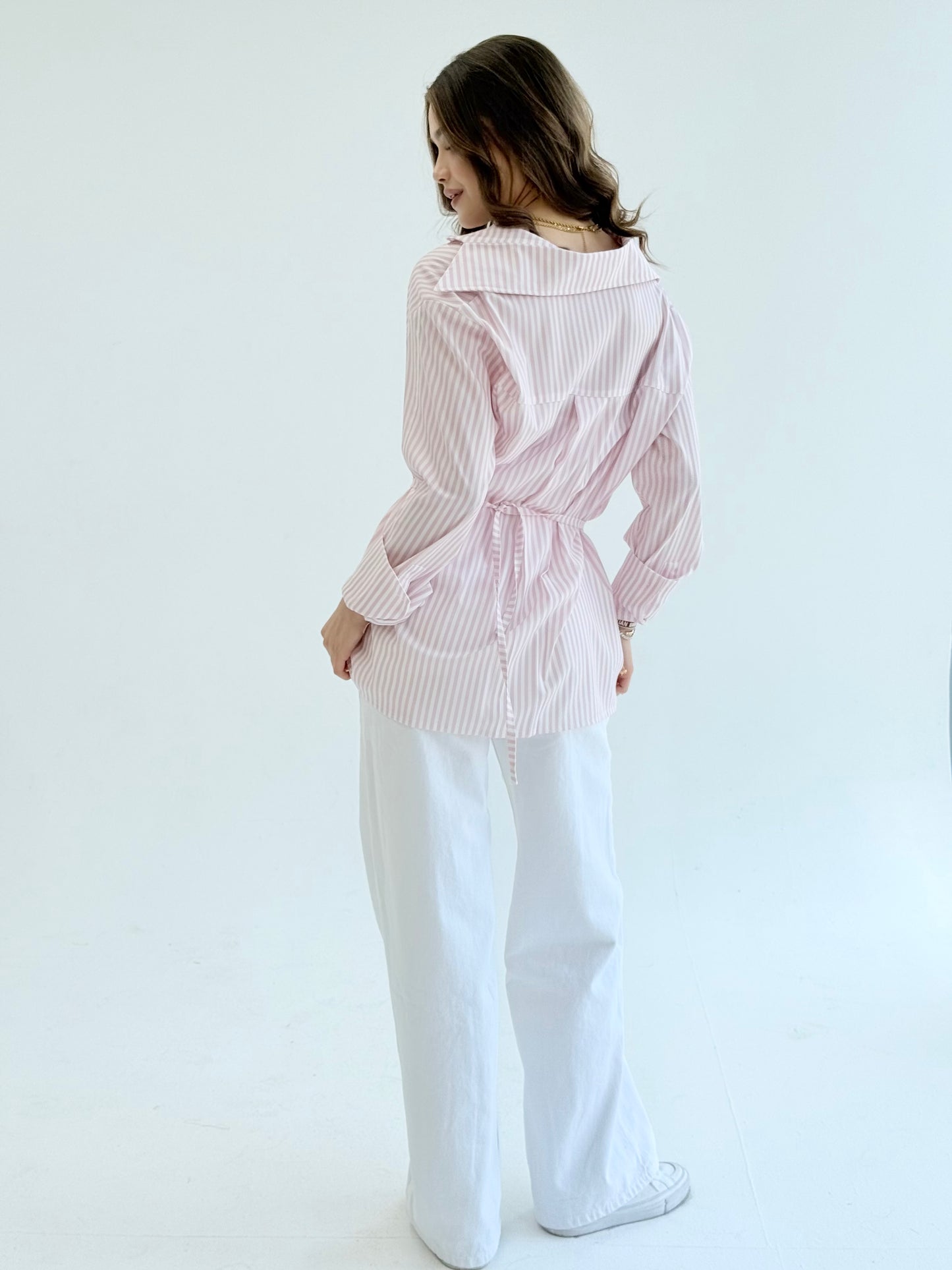 Striped pink shirt with pocket belt