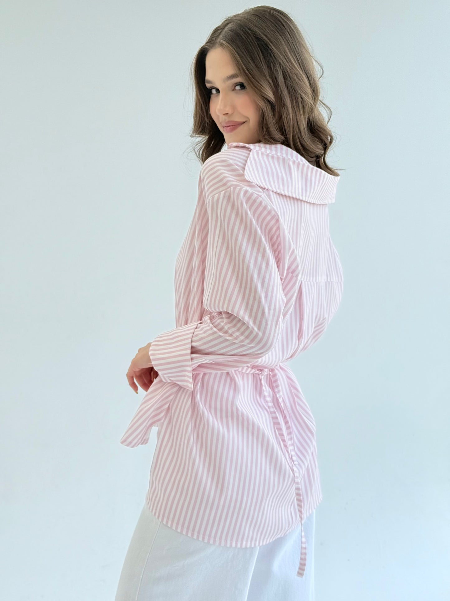 Striped pink shirt with pocket belt