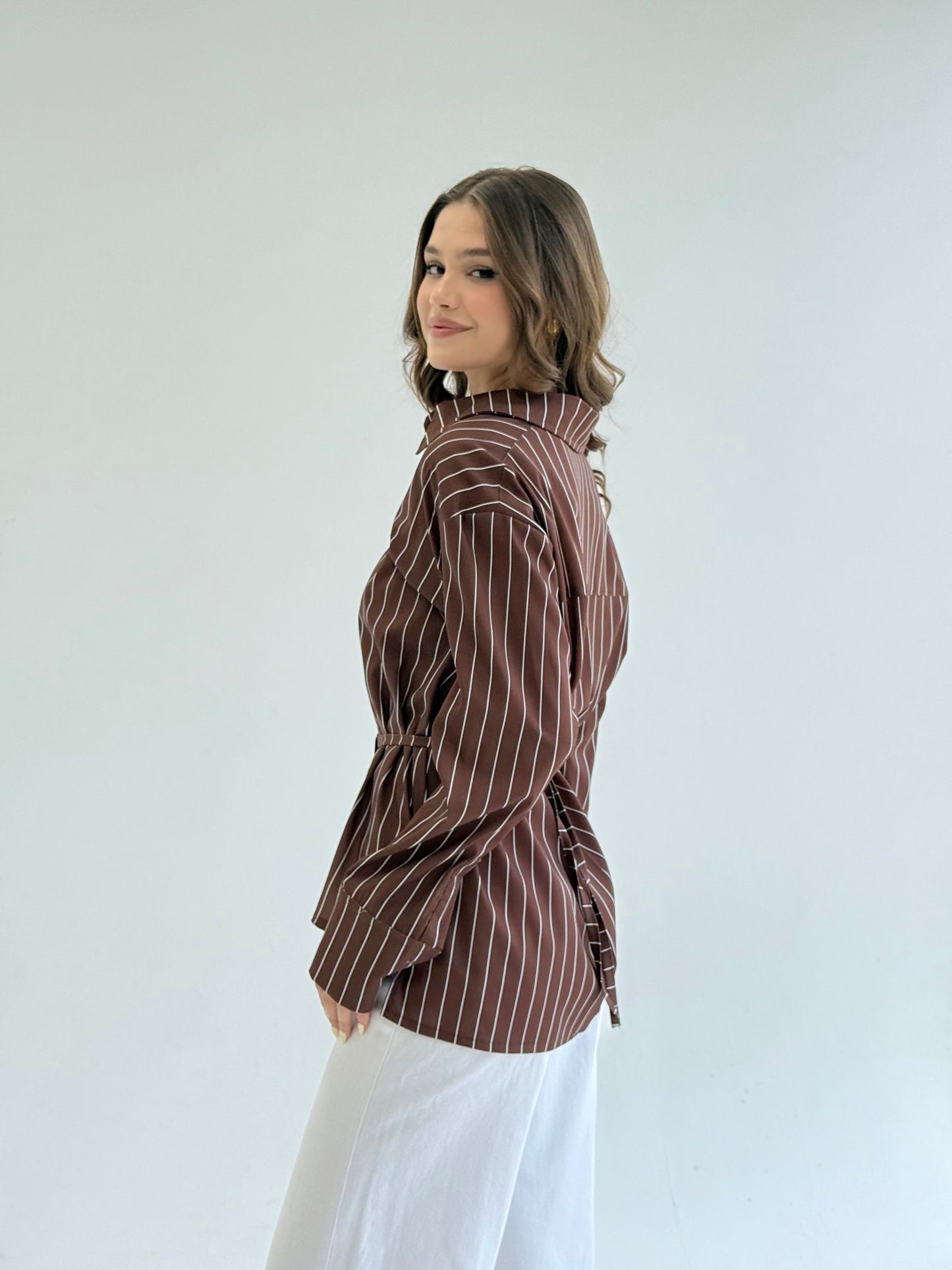 Striped brown shirt with pocket belt