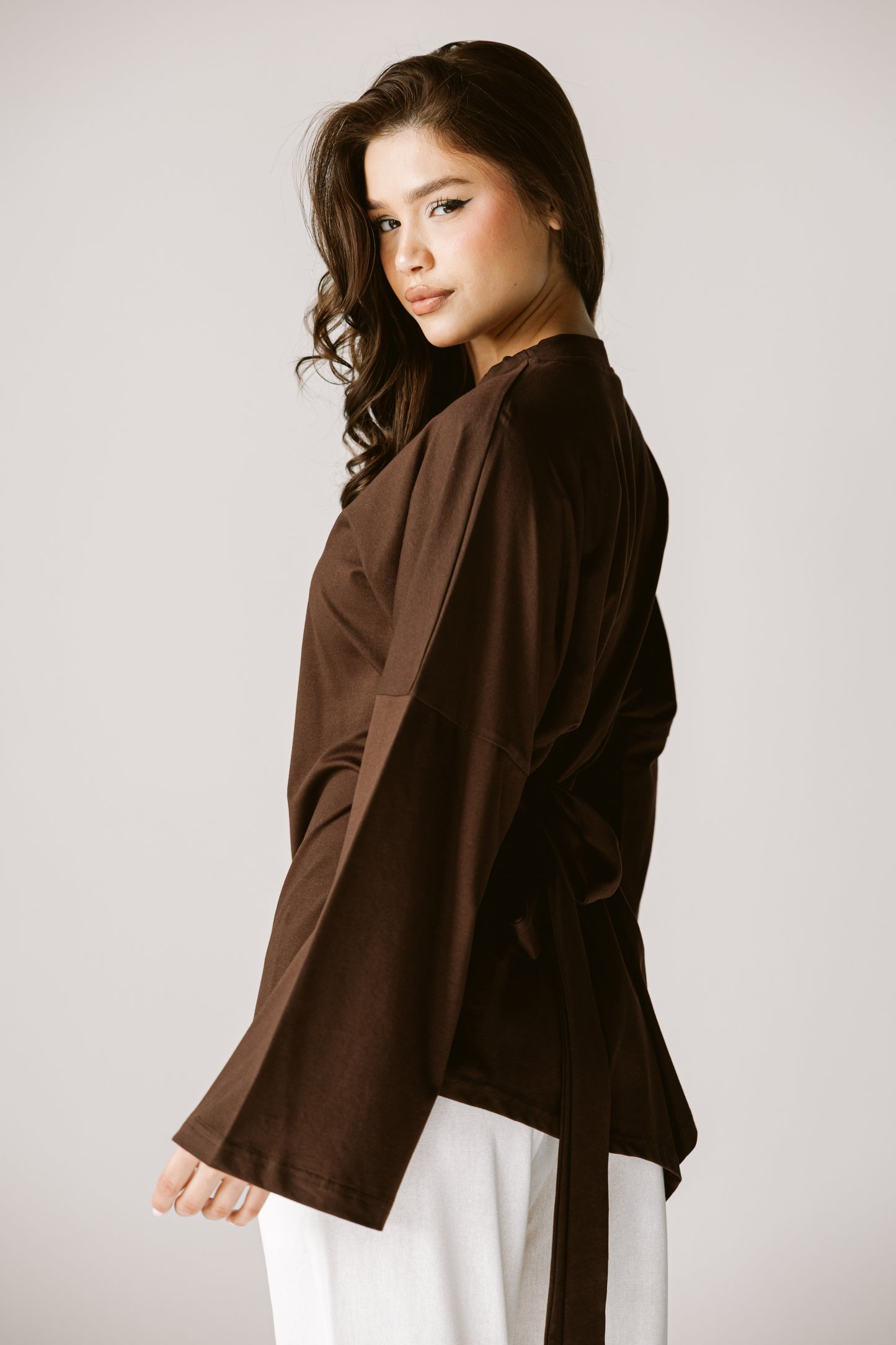 Waist Tie Top In Brown