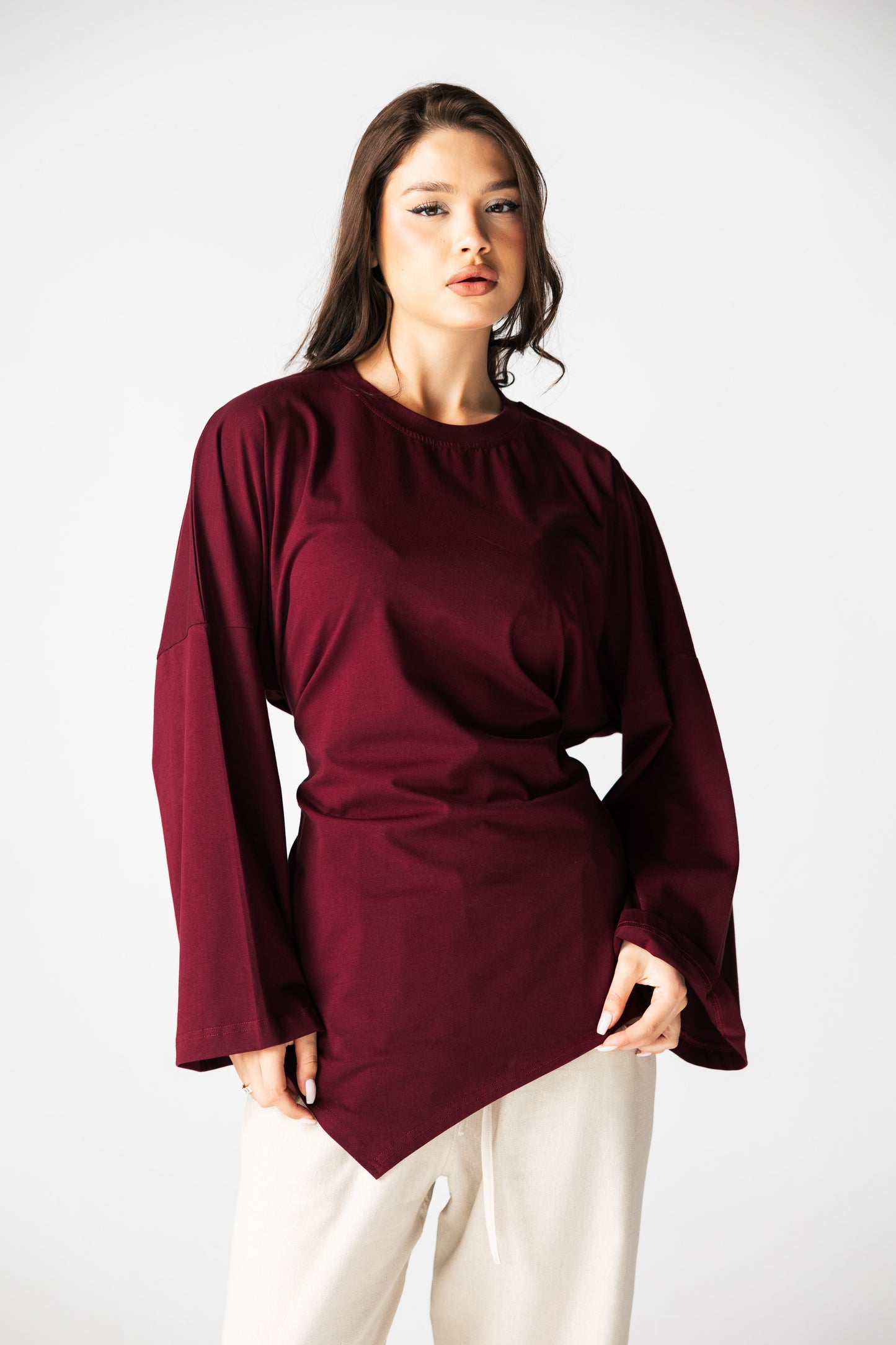 Waist Tie Top In Burgundy