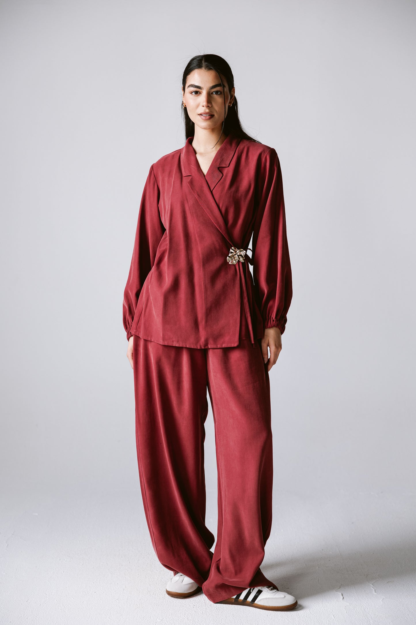 Wrap Blazer Set In Burgundy