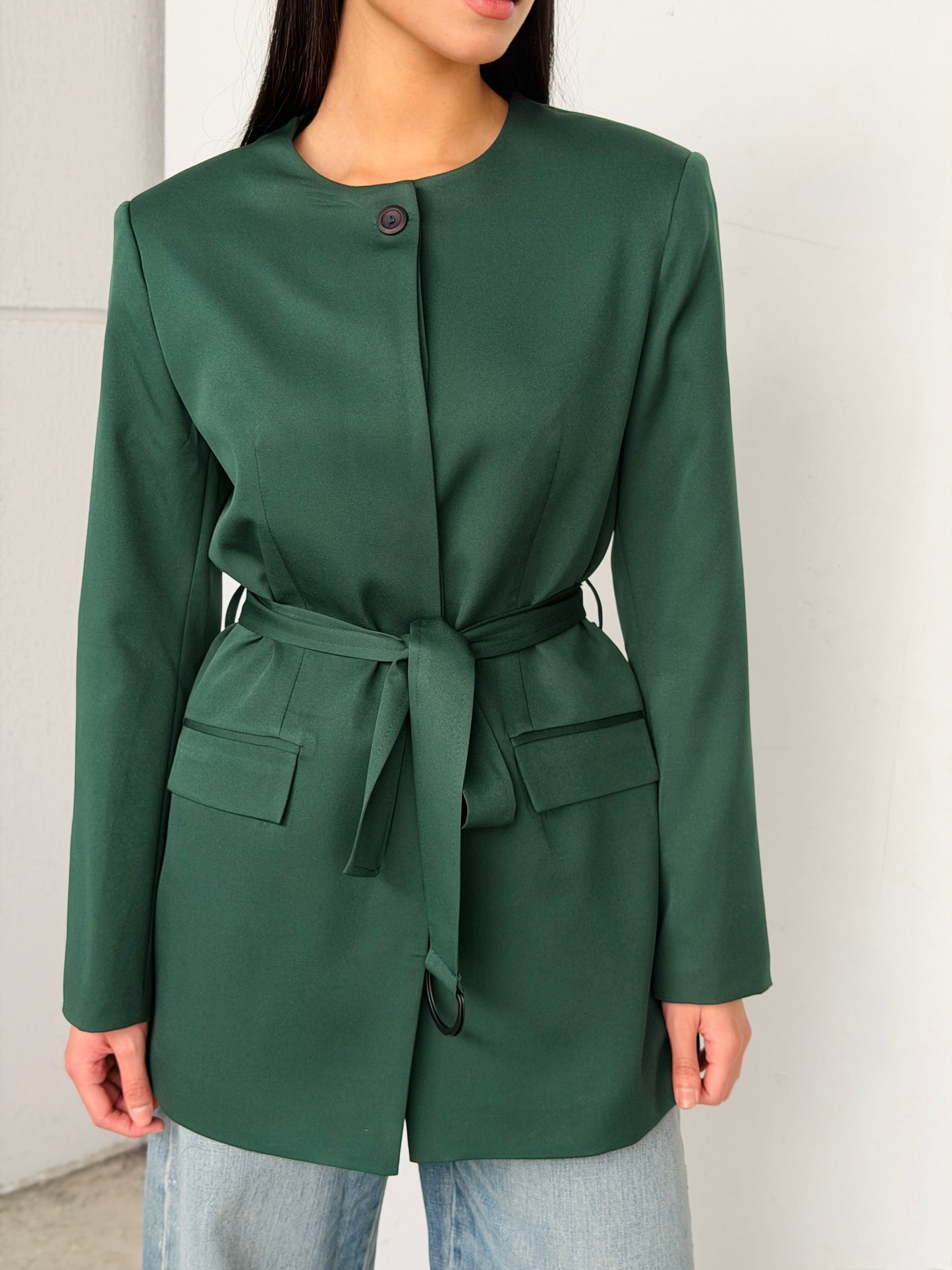 Belted Tailored Blazer in Dark Green