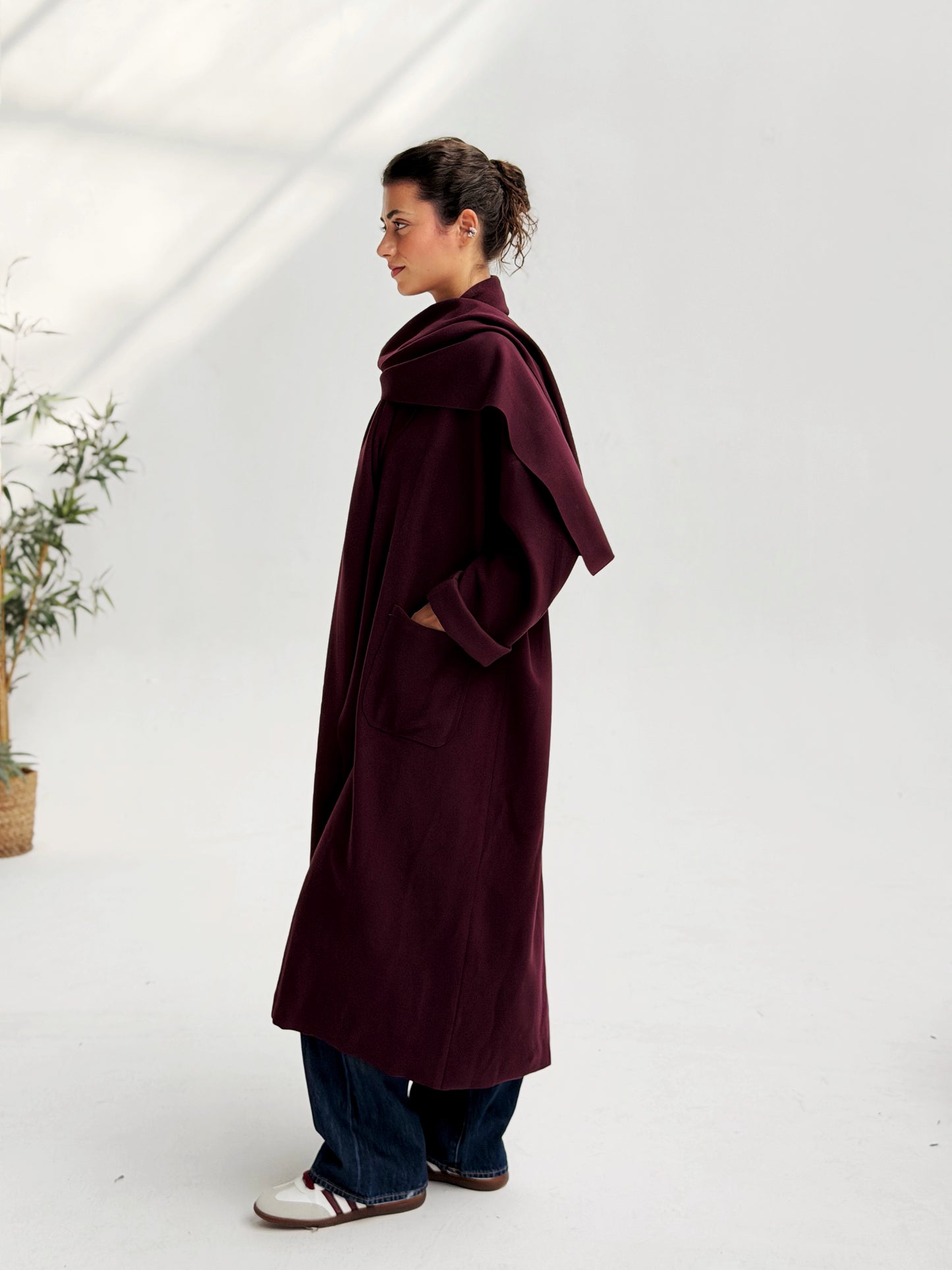 Oversize Wool Cardigan with Scarf In Burgundy