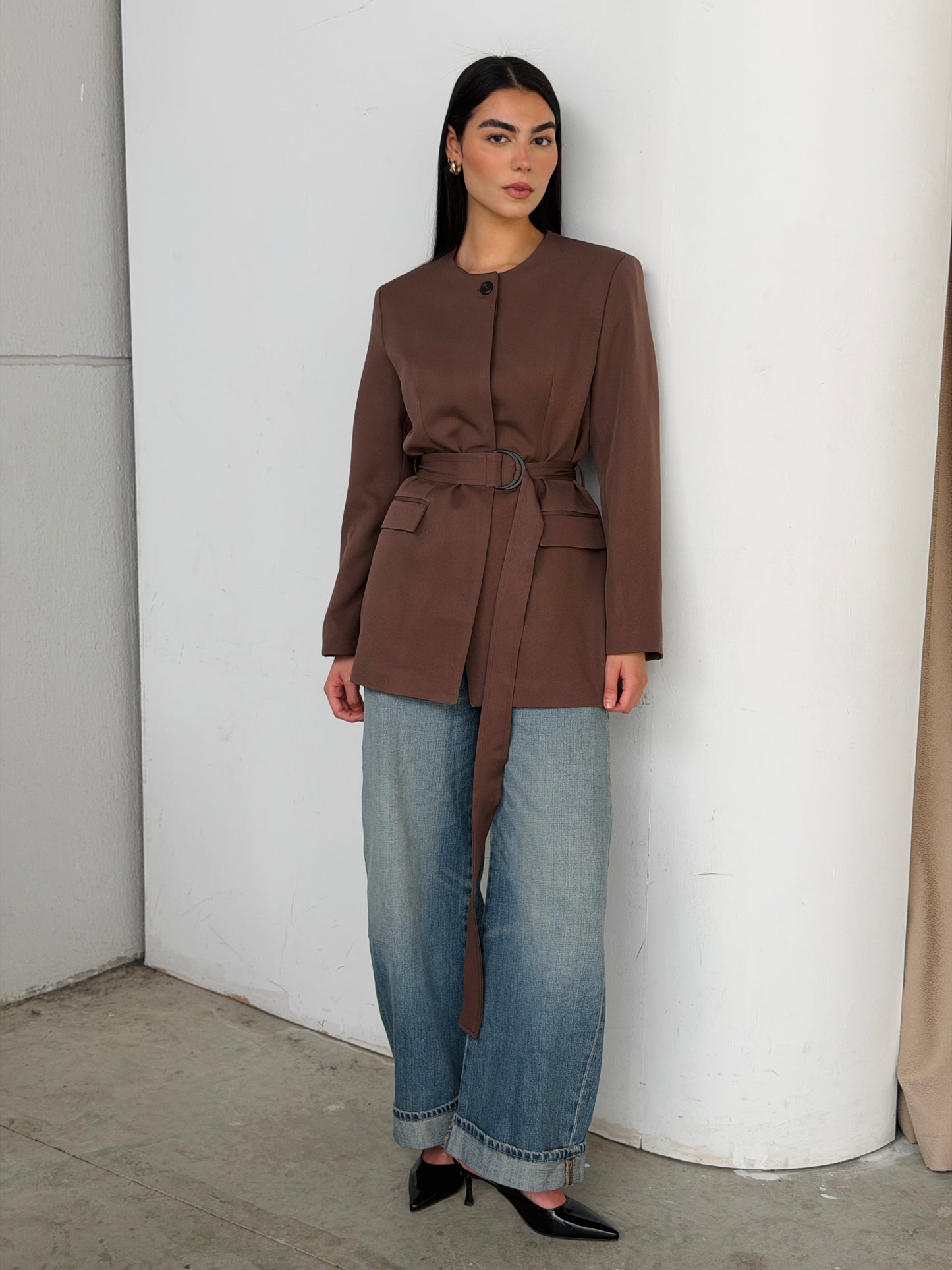 Belted Tailored Blazer in Brown