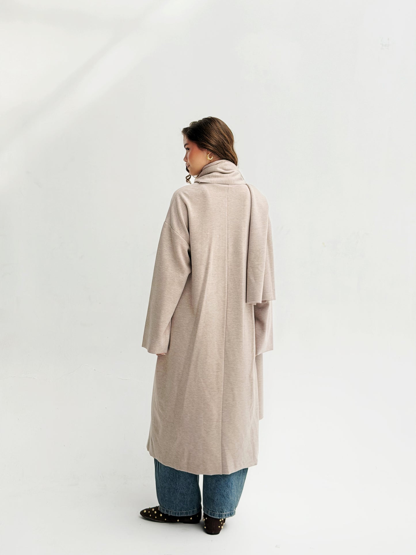 Oversize Wool Cardigan with Scarf In Cafe