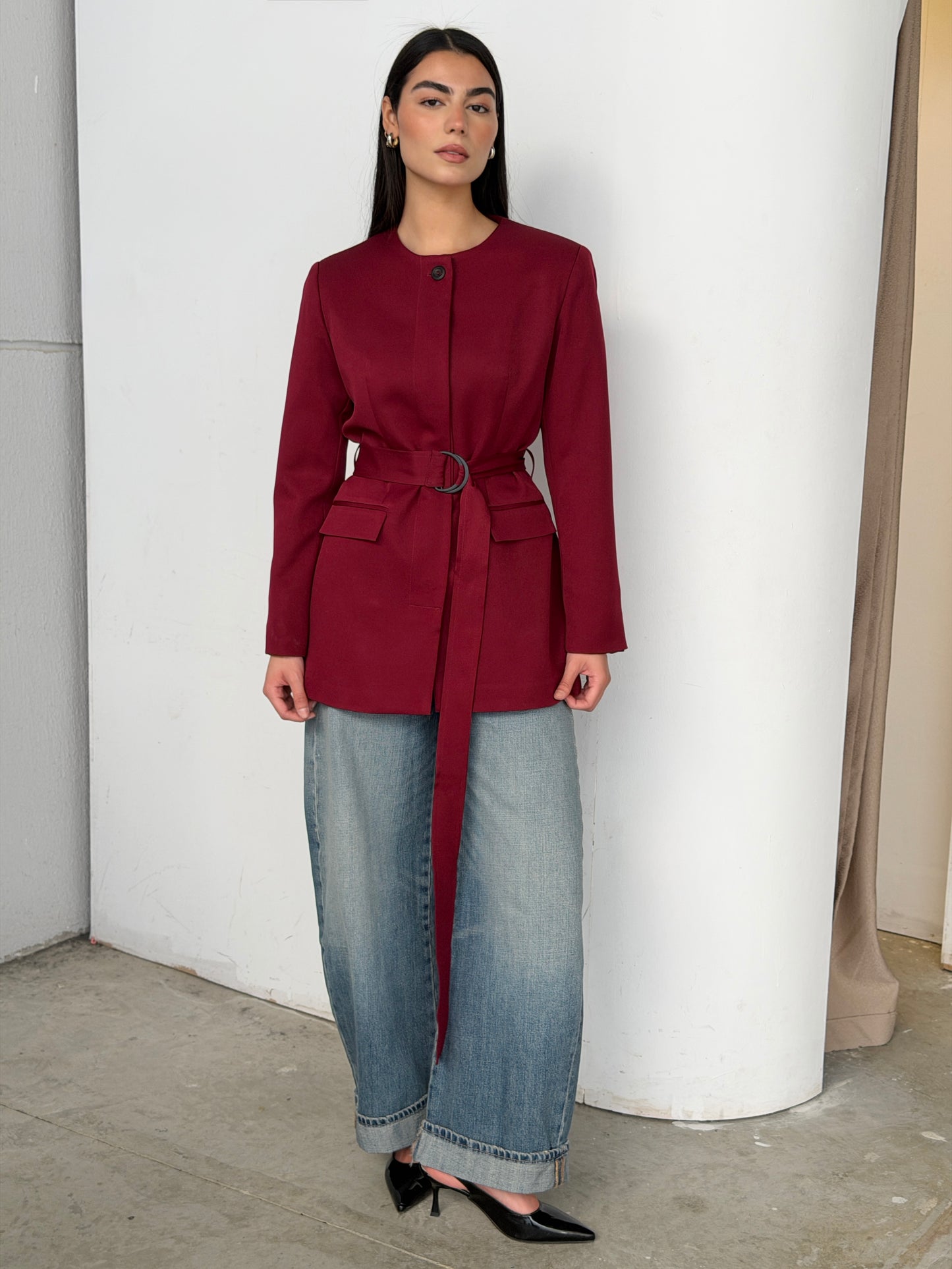Belted Tailored Blazer in dark red