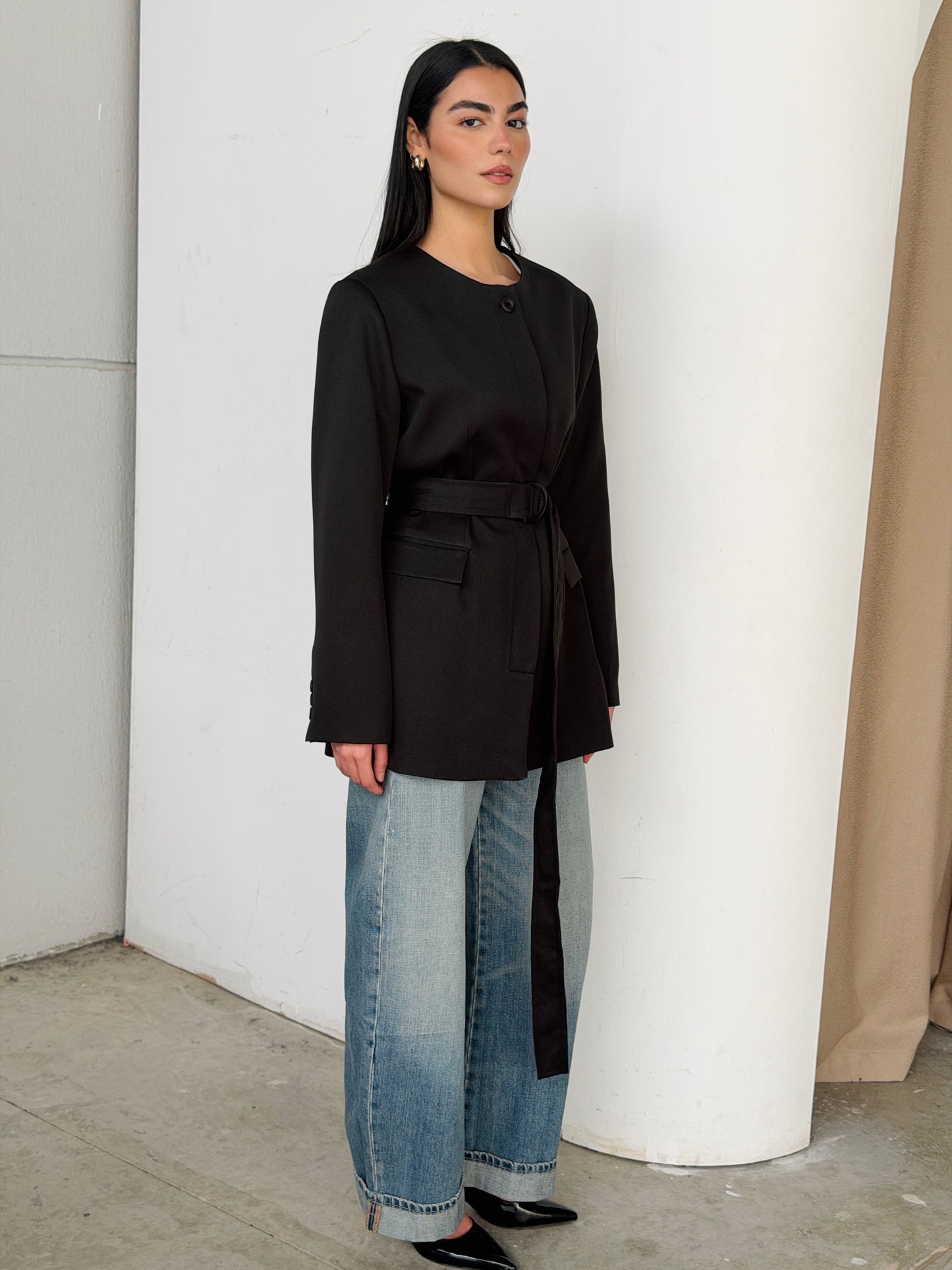 Belted Tailored Blazer in black