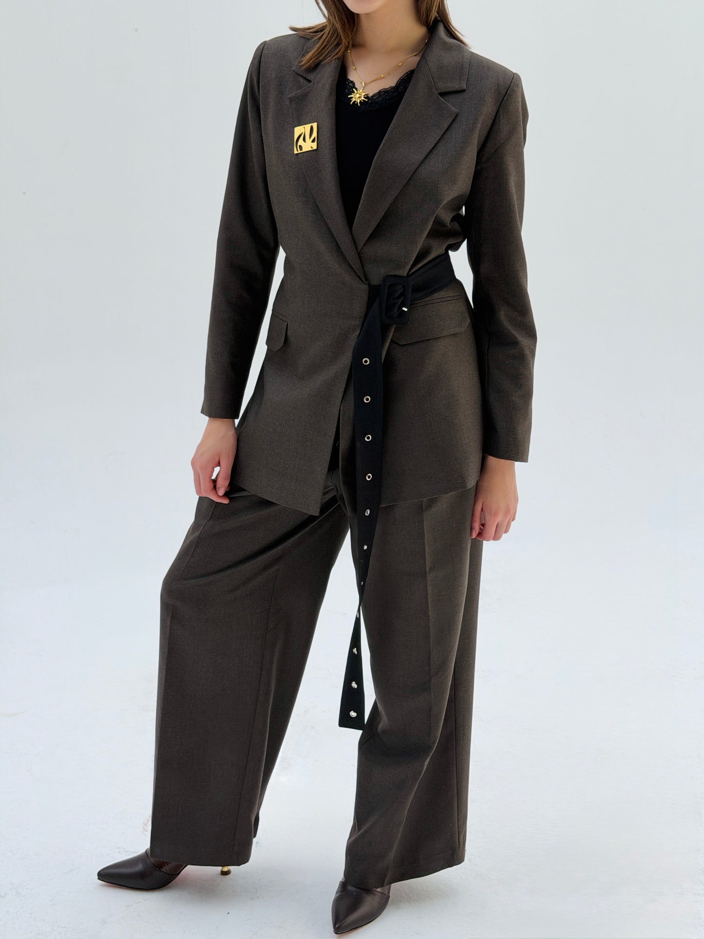 Belted suit in brown