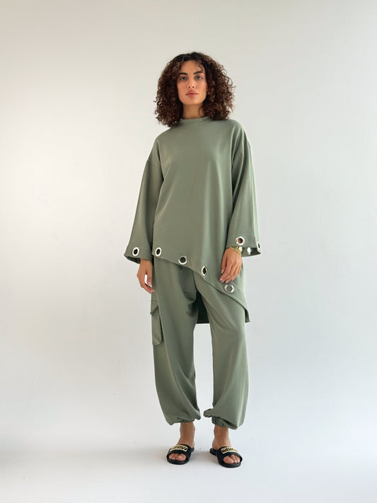 Eyelets Cotton Set In Olive