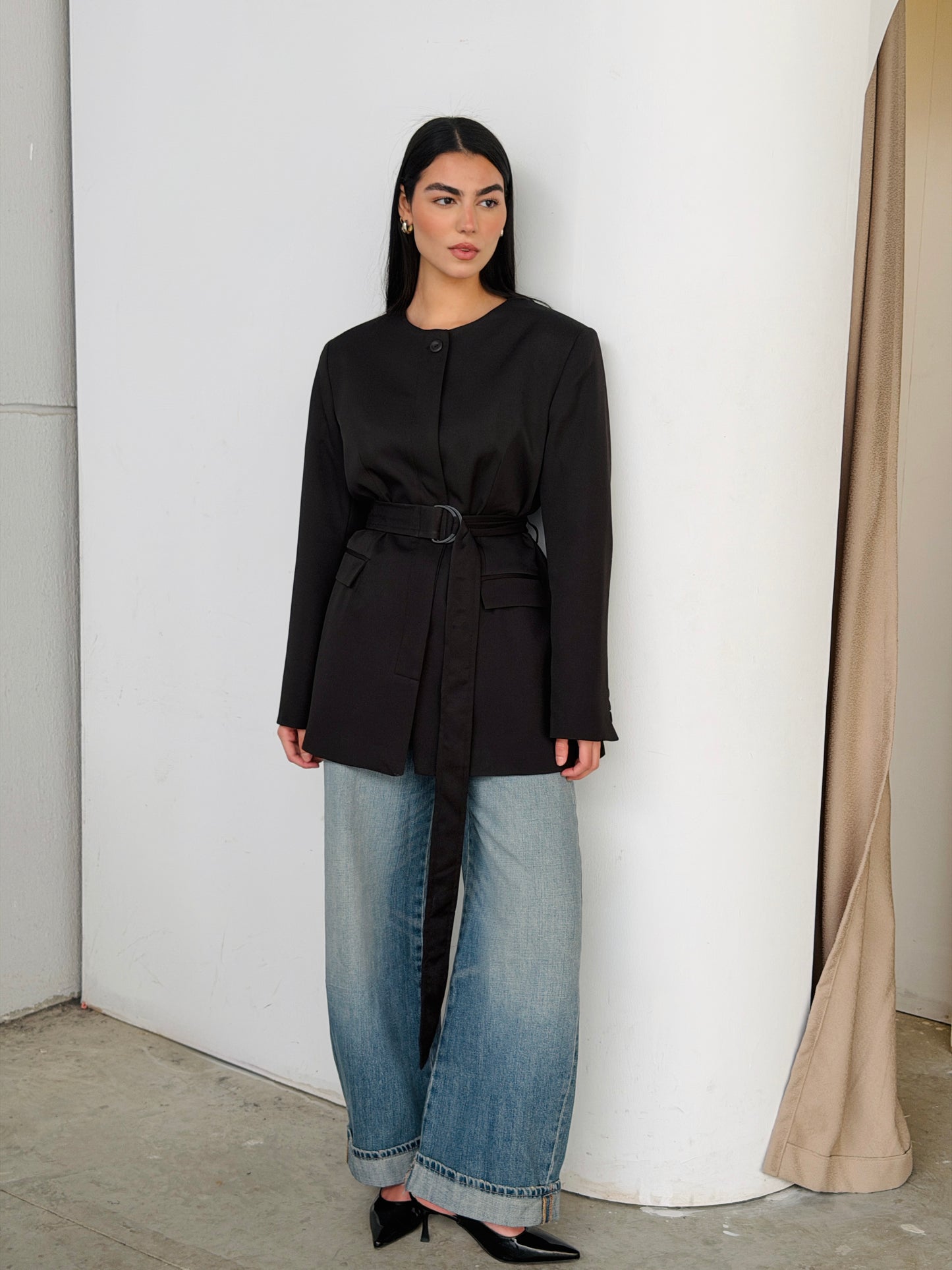 Belted Tailored Blazer in black