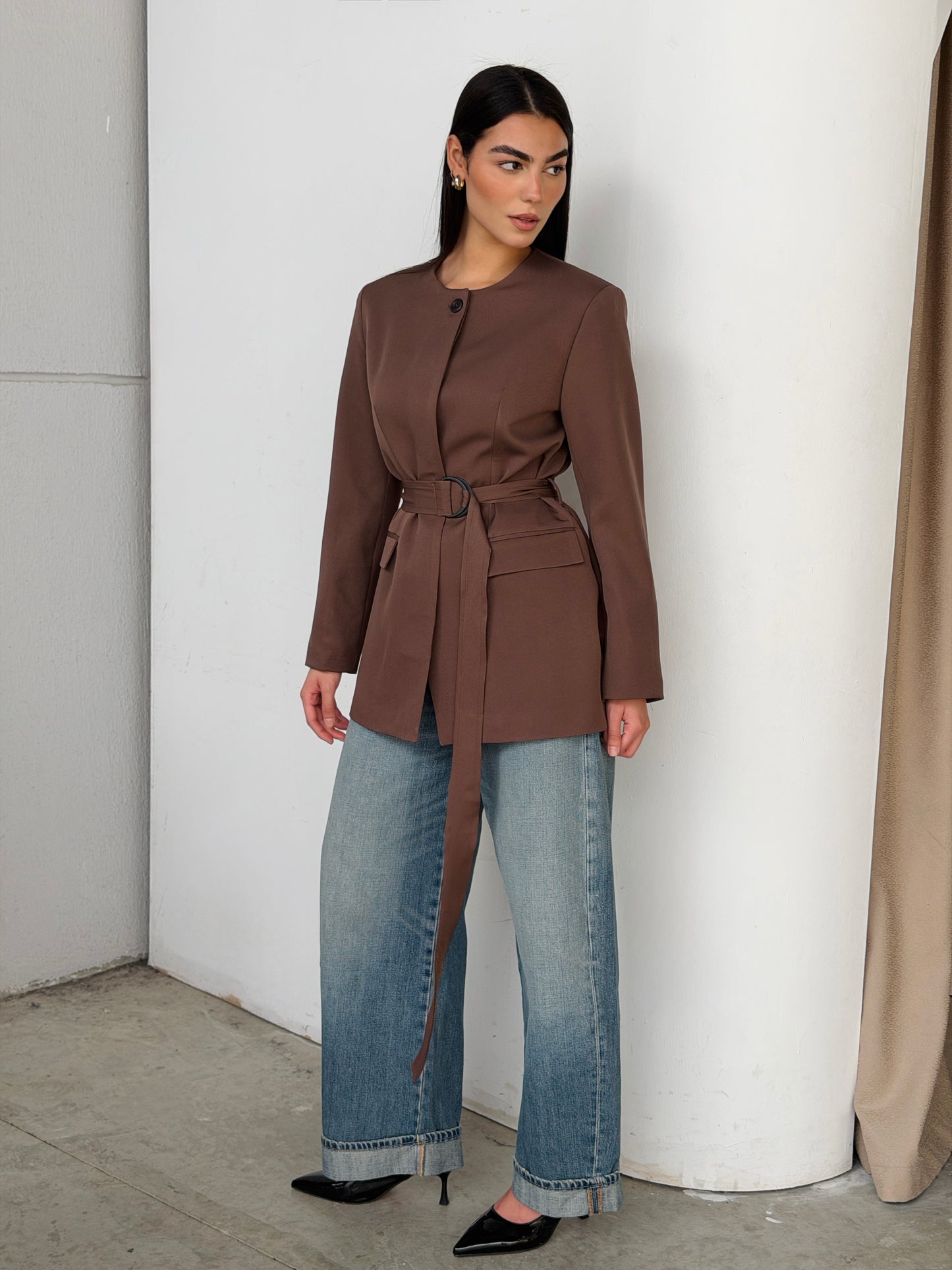 Belted Tailored Blazer in Brown