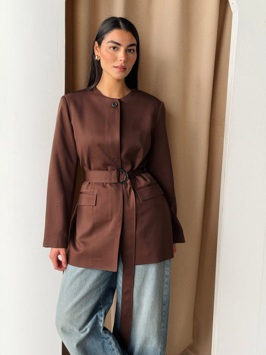 Belted Tailored Blazer in chocolate