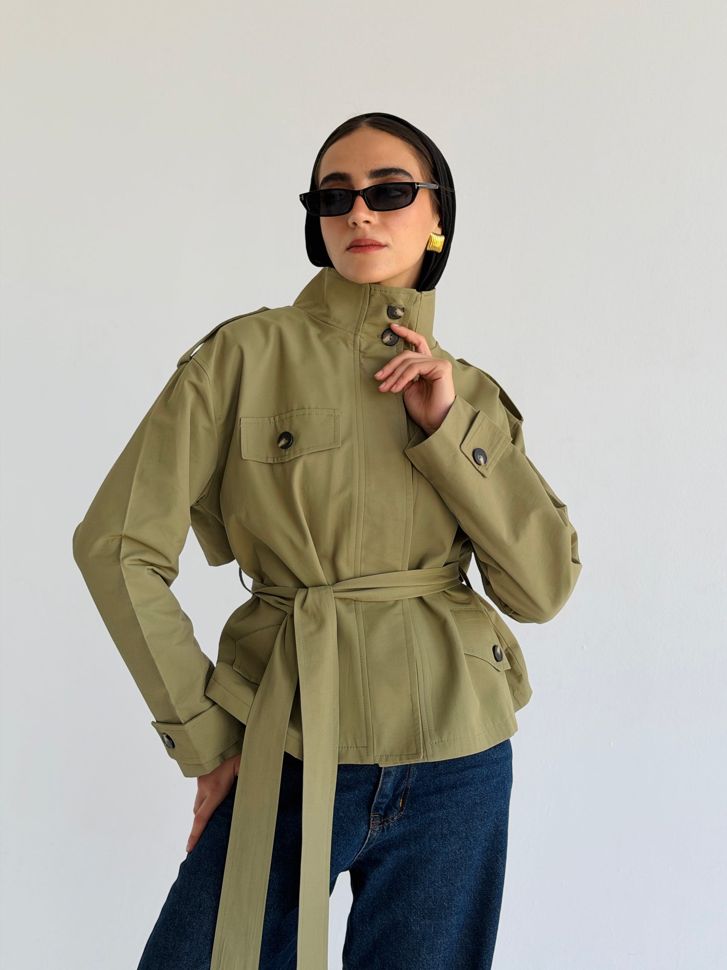 Stand Collar Jacket In Olive