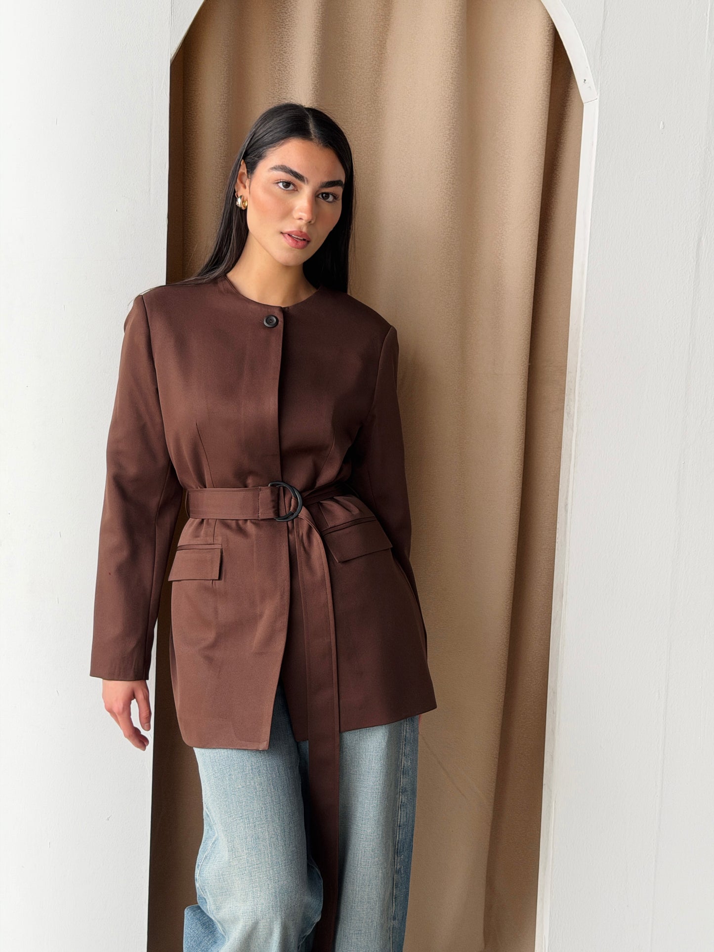 Belted Tailored Blazer in chocolate